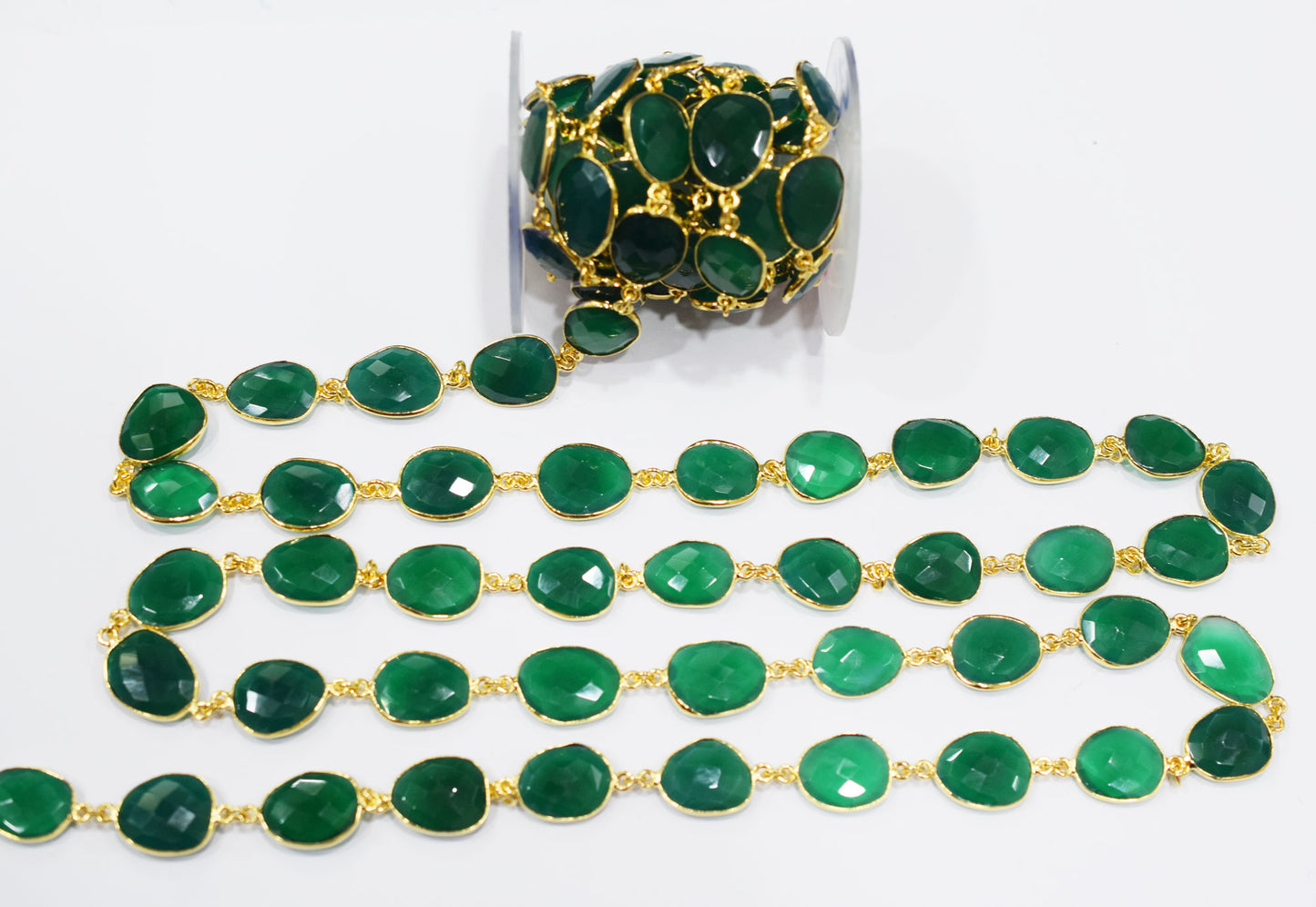 Green Onyx Faceted Slice Shape Connector Chain , 13x16 - 14x20 mm , RB-6693