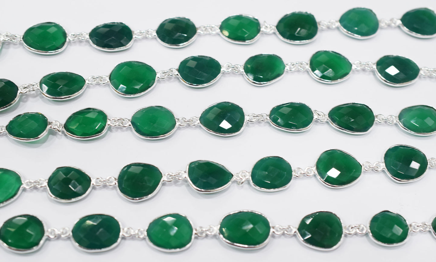 Green Onyx Faceted Slice Shape Connector Chain , 13x16 - 14x20 mm , RB-6693