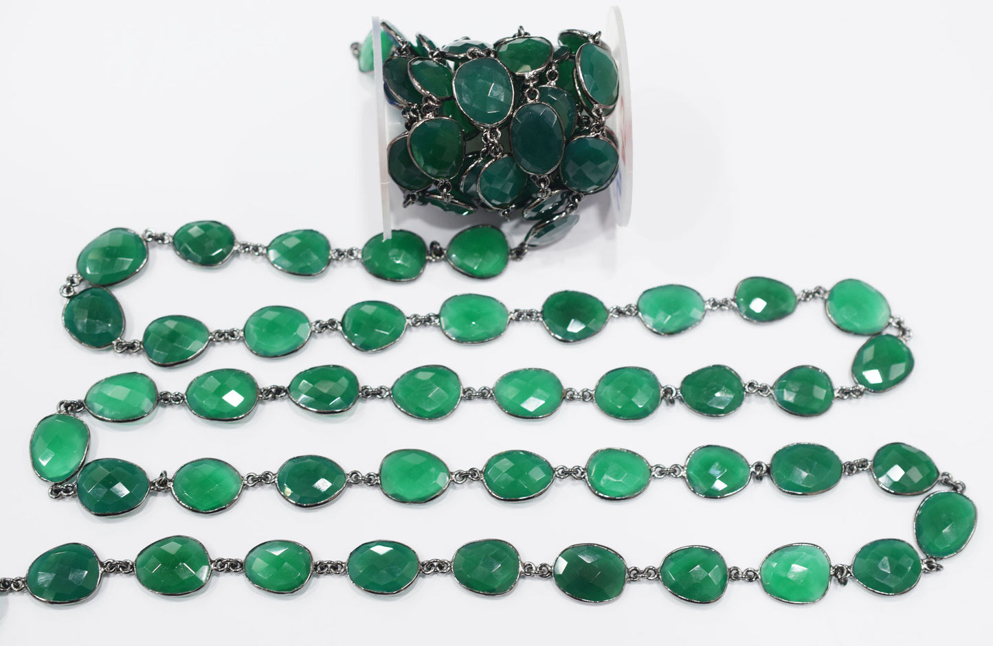 Green Onyx Faceted Slice Shape Connector Chain , 13x16 - 14x20 mm , RB-6693