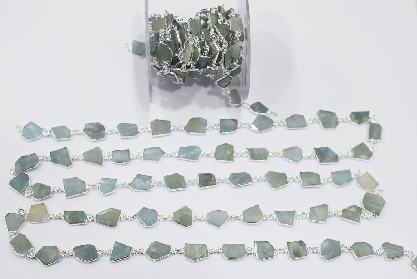 Milky Aquamarine Fancy Cut Shape Connector Chain , 8x14 - 11x14 mm , RB-6697