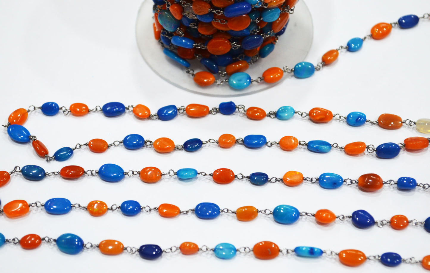 Orange And Peacock Ethiopian Opal Smooth Oval Rosary Beaded Chain , Orange And Peacock Ethiopian Opal Wire Wrapped Chain , 3x4 - 4x6 mm , 6698