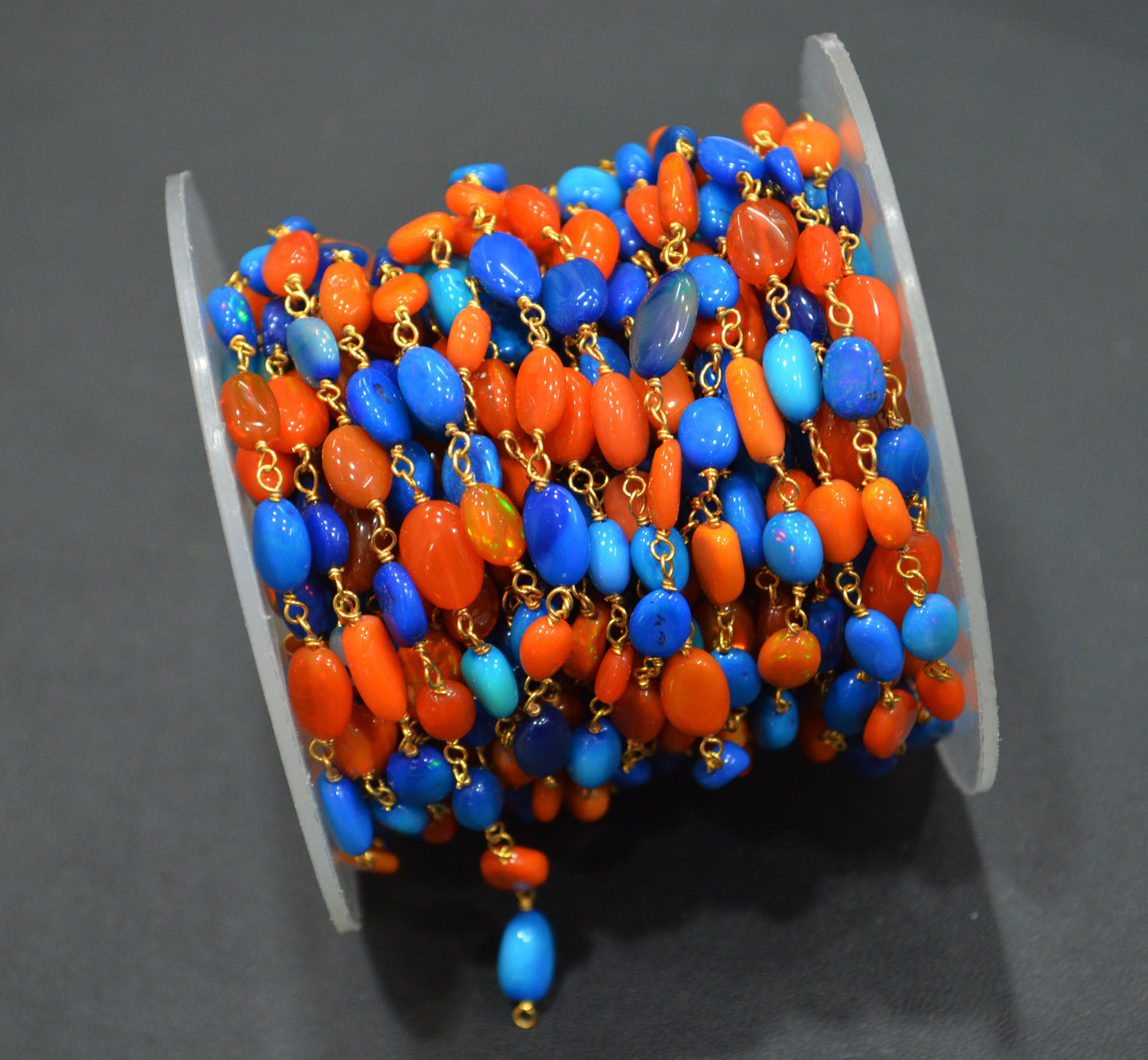 Orange And Peacock Ethiopian Opal Smooth Oval Rosary Beaded Chain , Orange And Peacock Ethiopian Opal Wire Wrapped Chain , 3x4 - 4x6 mm , 6698