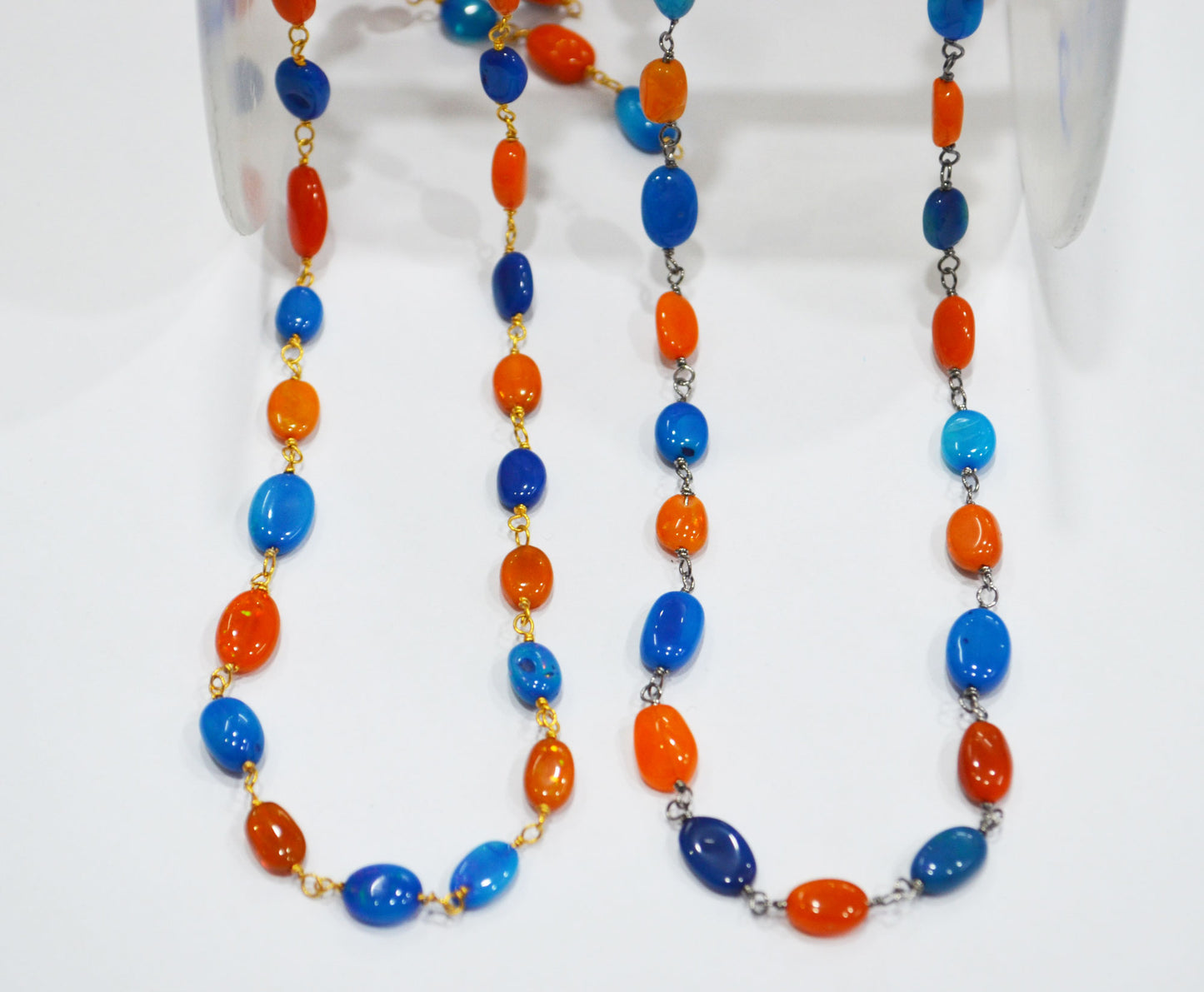 Orange And Peacock Ethiopian Opal Smooth Oval Rosary Beaded Chain , Orange And Peacock Ethiopian Opal Wire Wrapped Chain , 3x4 - 4x6 mm , 6698