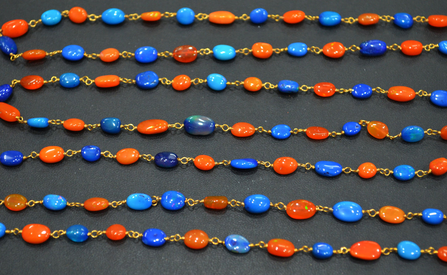 Orange And Peacock Ethiopian Opal Smooth Oval Rosary Beaded Chain , Orange And Peacock Ethiopian Opal Wire Wrapped Chain , 3x4 - 4x6 mm , 6698