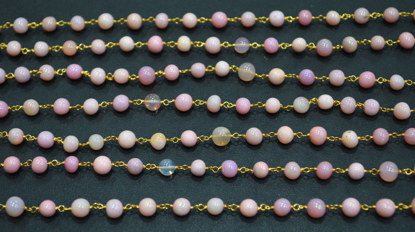 Pink Ethiopian Opal Smooth Round Shape Rosary Beaded Chain , 5 - 6 mm , 6699