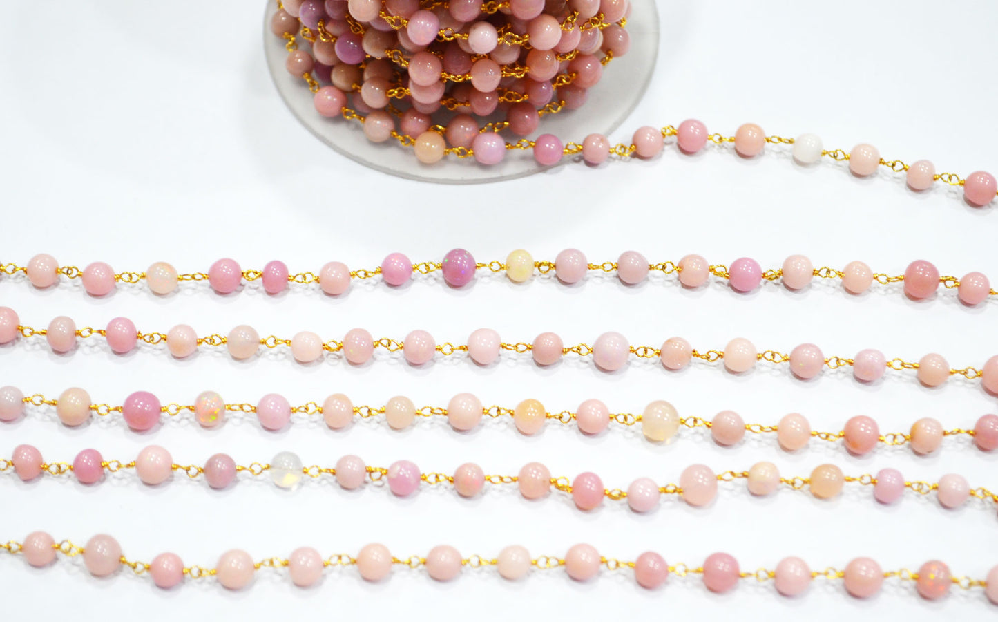 Pink Ethiopian Opal Smooth Round Shape Rosary Beaded Chain , 5 - 6 mm , 6699