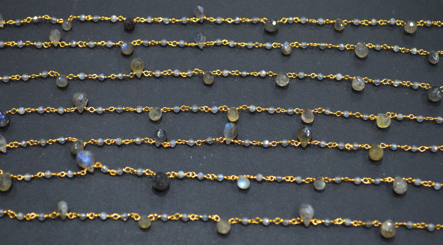 Labradorite Faceted Rondelle Rosary Beaded Chain ,Labradorite Faceted Tear Drops Shape Wire Wrapped Chain , 3x4 - 4x6 mm ,6700