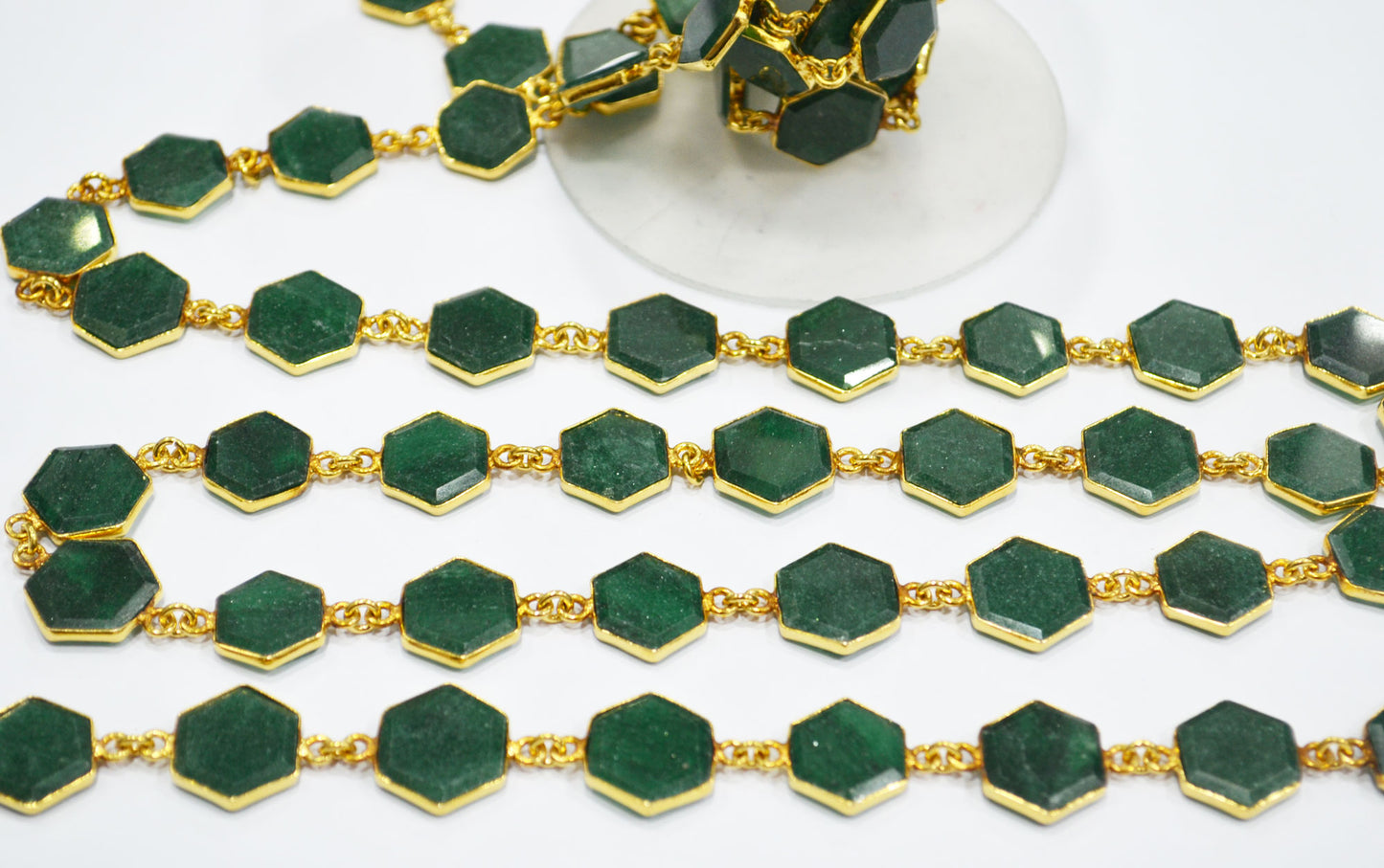 Green Aventurine Crown Cut Hexagon Shape Connector Chain , 12 - 14 mm , RB-6702