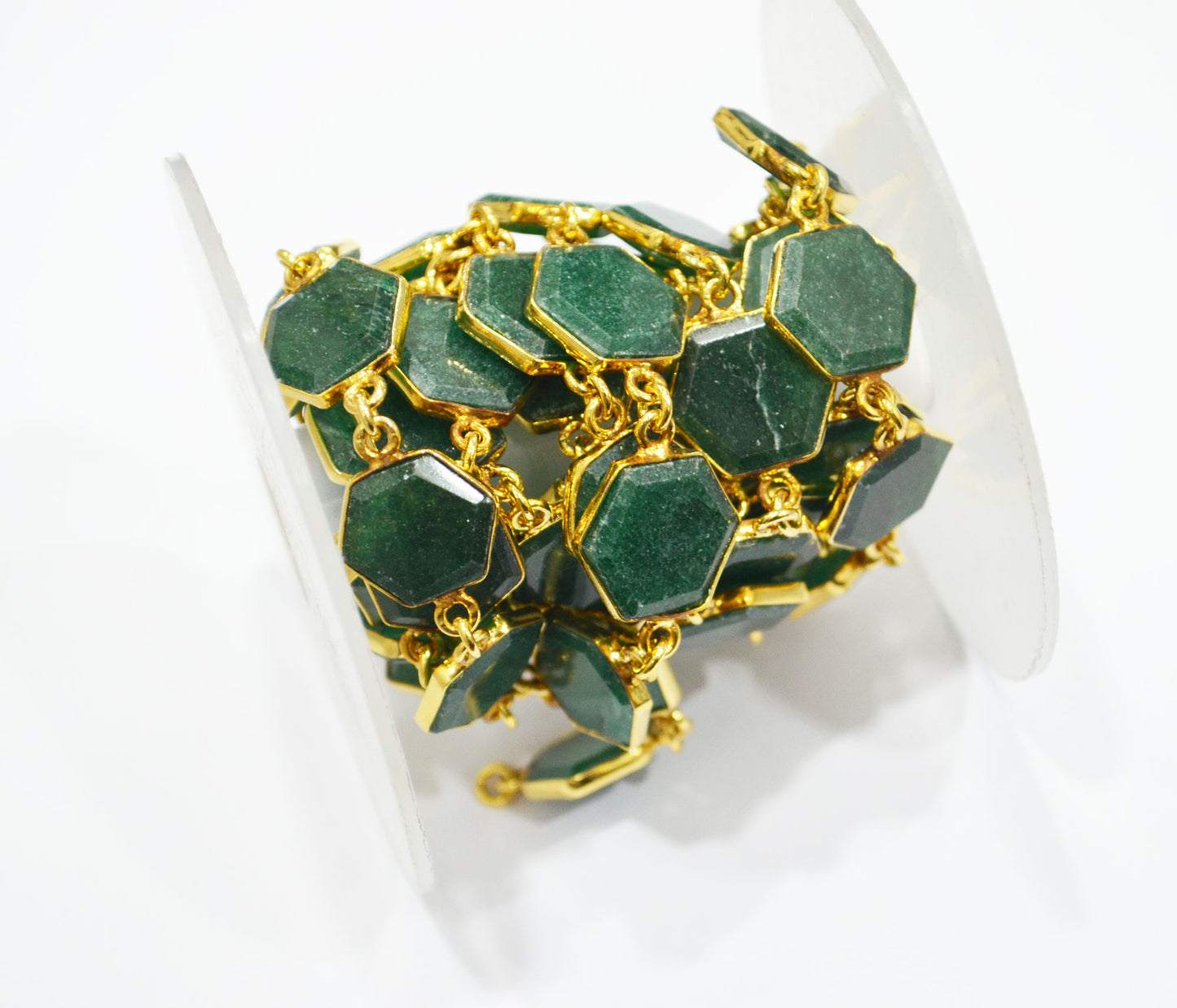 Green Aventurine Crown Cut Hexagon Shape Connector Chain , 12 - 14 mm , RB-6702