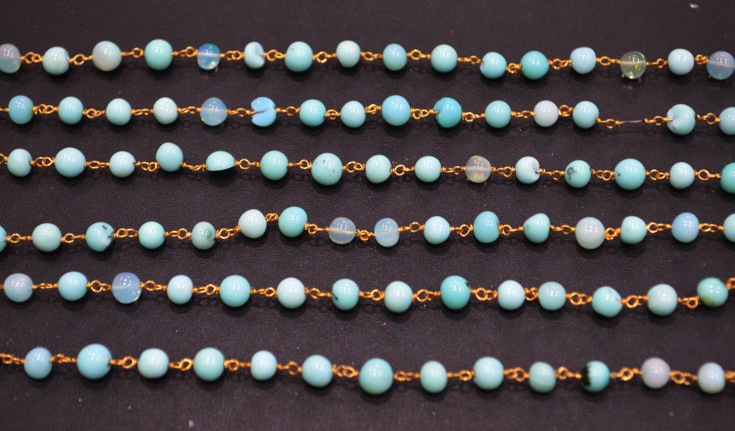 Aqua Ethiopian Opal Smooth Round Shape Rosary Beaded Chain , 5 - 6 mm , 6704