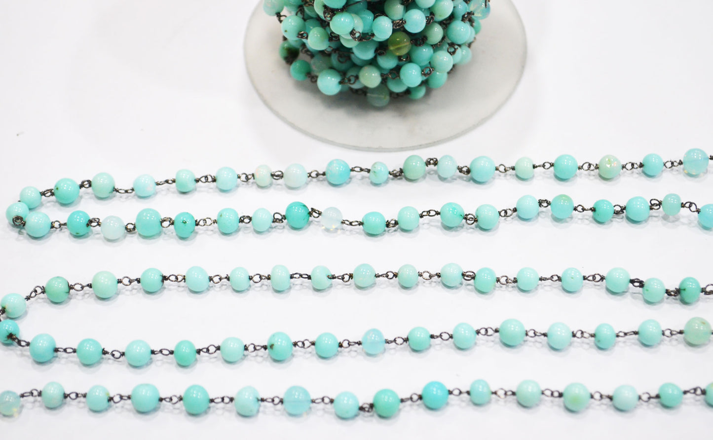 Aqua Ethiopian Opal Smooth Round Shape Rosary Beaded Chain , 5 - 6 mm , 6704