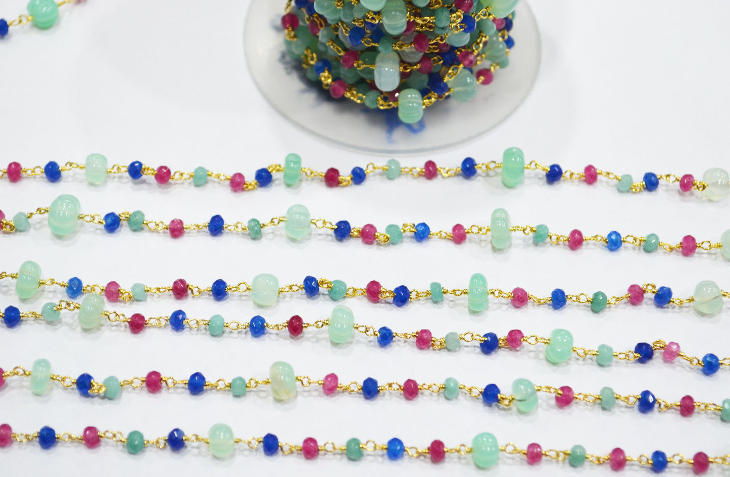Aqua Chalcedony Carved Melon With Hot Pink , Aqua And Sapphire Chalcedony Faceted Rondelle Rosary Beaded Chain , 3 - 9 mm , 6706