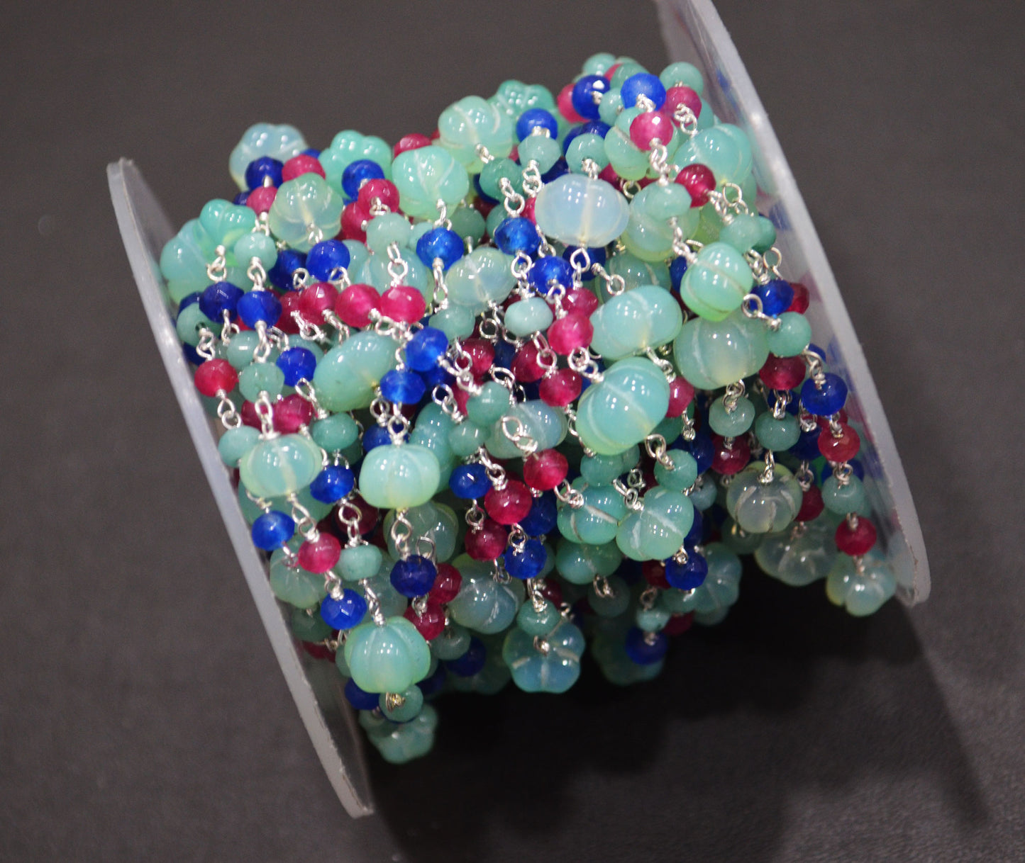 Aqua Chalcedony Carved Melon With Hot Pink , Aqua And Sapphire Chalcedony Faceted Rondelle Rosary Beaded Chain , 3 - 9 mm , 6706