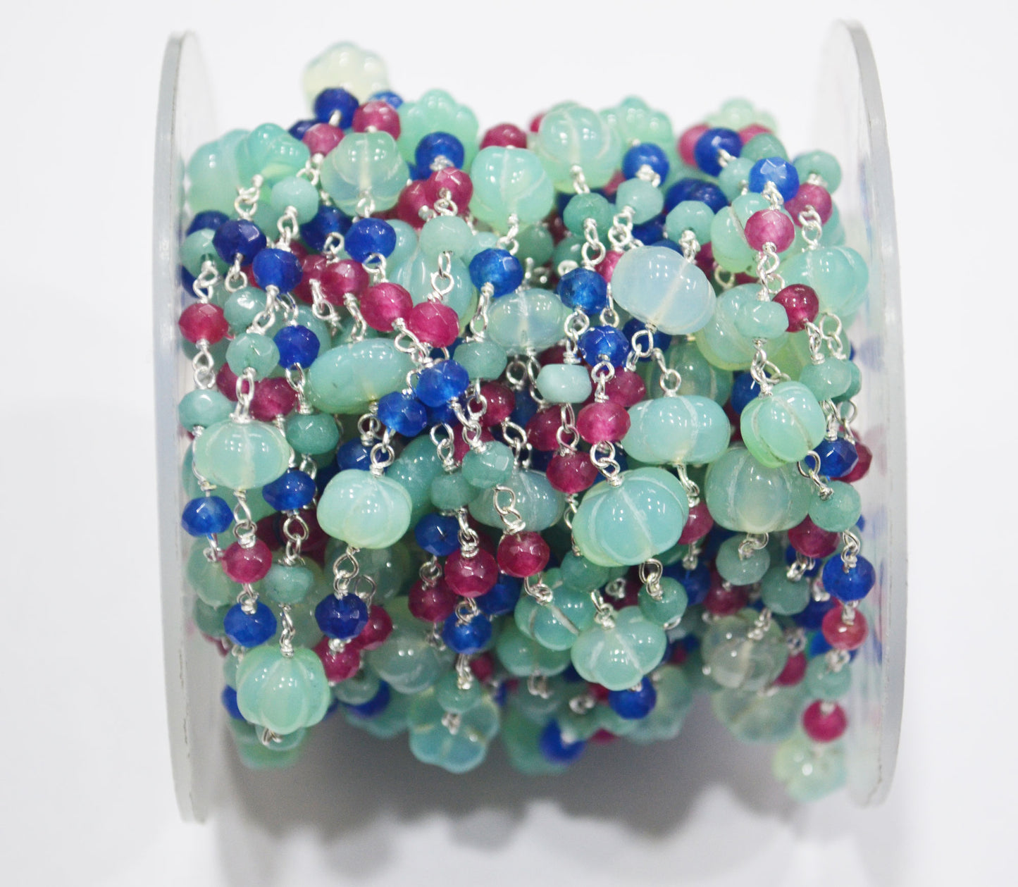 Aqua Chalcedony Carved Melon With Hot Pink , Aqua And Sapphire Chalcedony Faceted Rondelle Rosary Beaded Chain , 3 - 9 mm , 6706