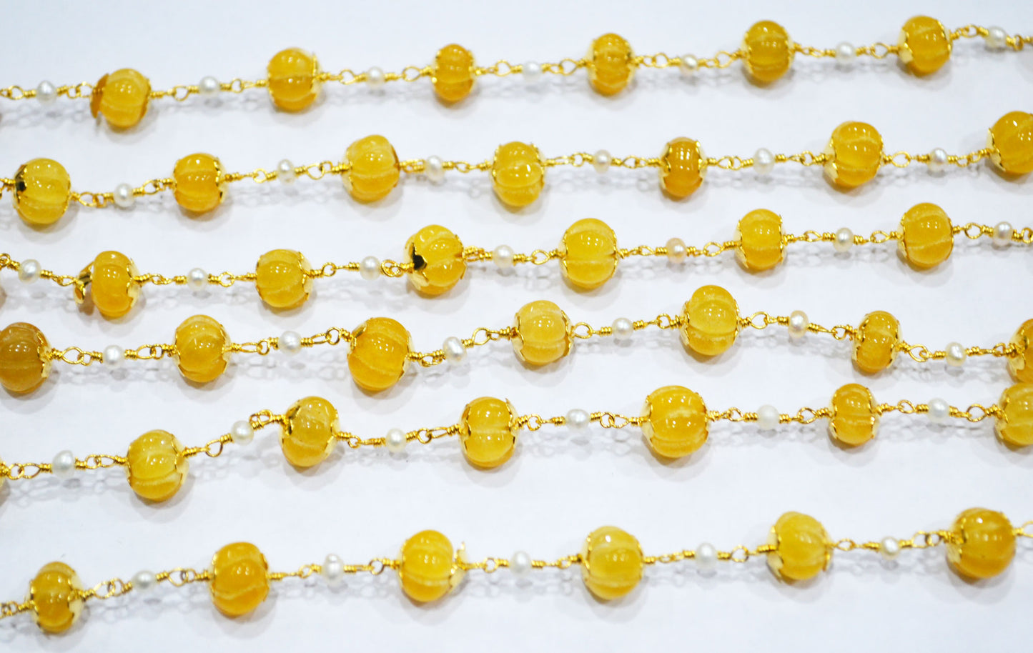 Yellow Sapphire Natural Quartz Carved Melons With Natural Pearl Smooth Rondelle Rosary Beaded Chain , 3 - 9 mm , 6707