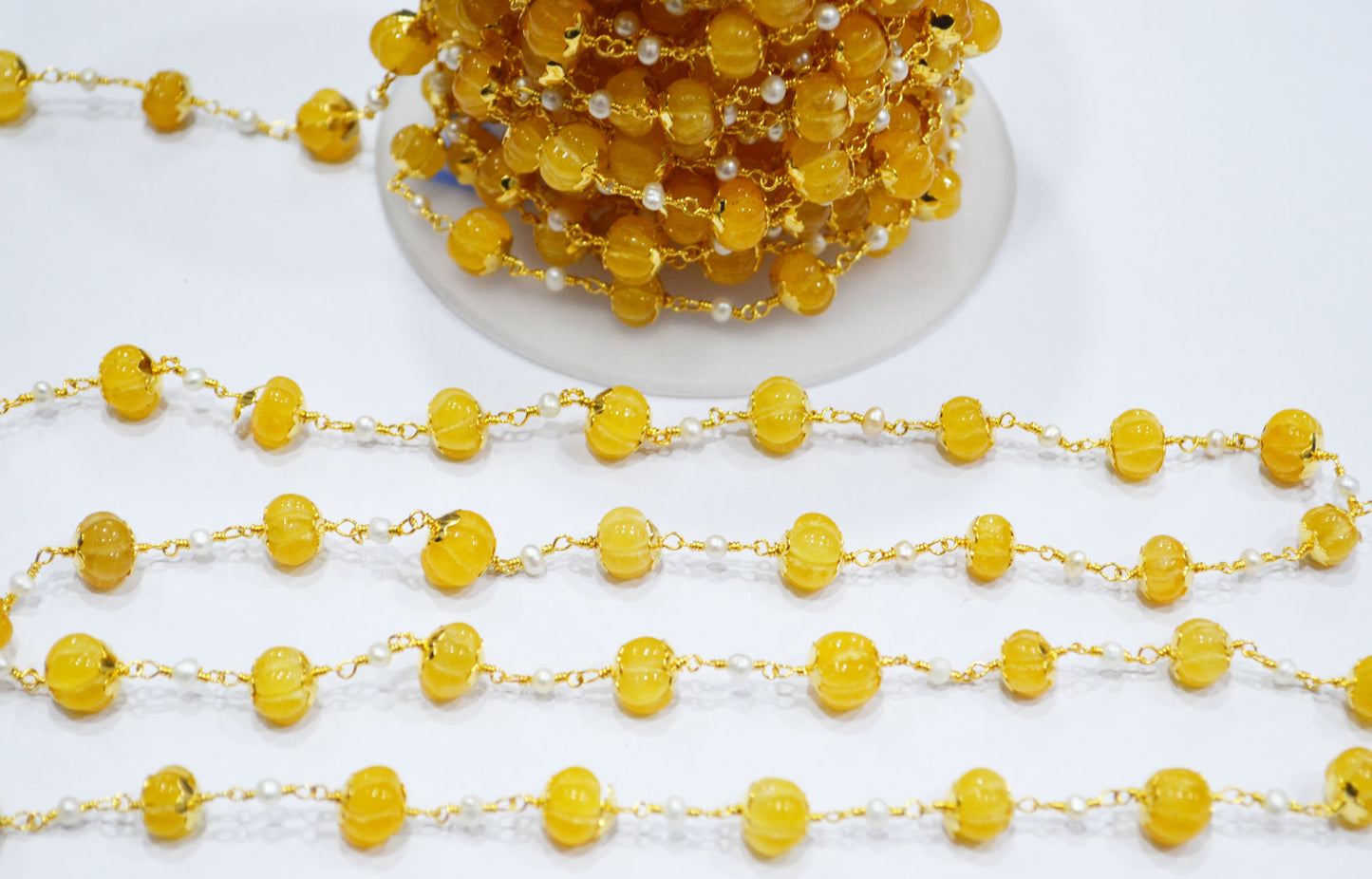 Yellow Sapphire Natural Quartz Carved Melons With Natural Pearl Smooth Rondelle Rosary Beaded Chain , 3 - 9 mm , 6707