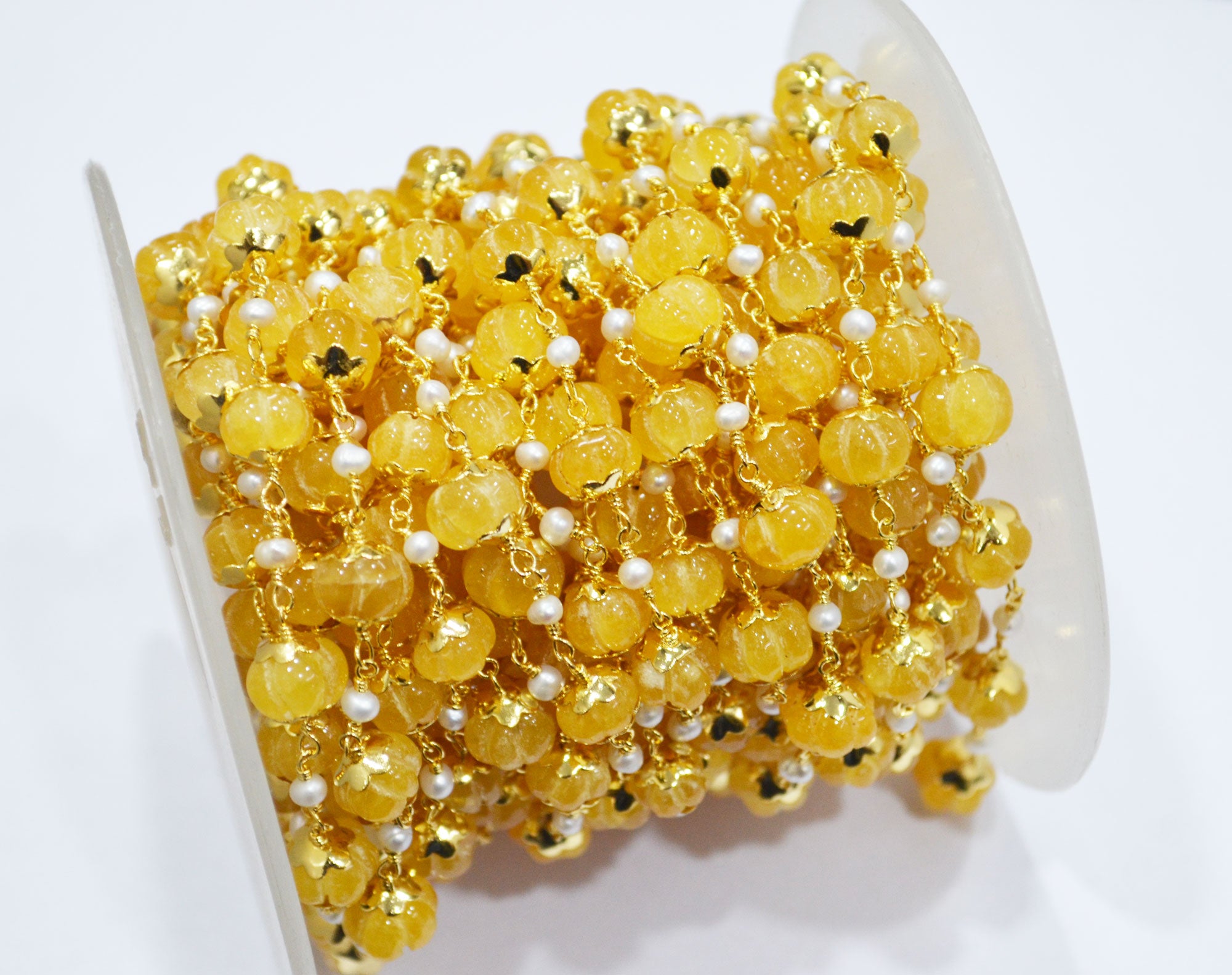 Yellow Sapphire Natural Quartz Carved Melons With Natural Pearl Smooth Rondelle Rosary Beaded Chain , 3 - 9 mm , 6707