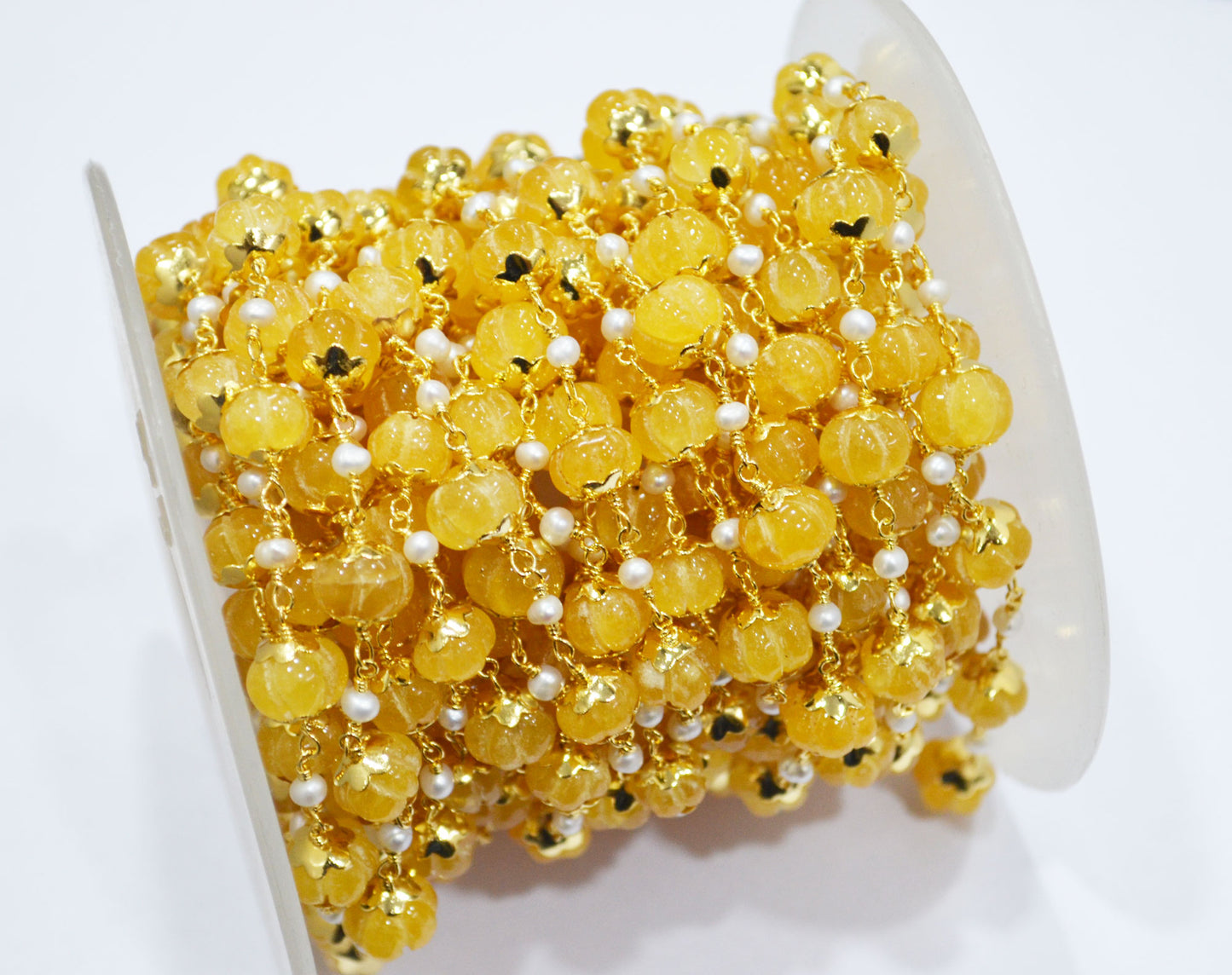 Yellow Sapphire Natural Quartz Carved Melons With Natural Pearl Smooth Rondelle Rosary Beaded Chain , 3 - 9 mm , 6707