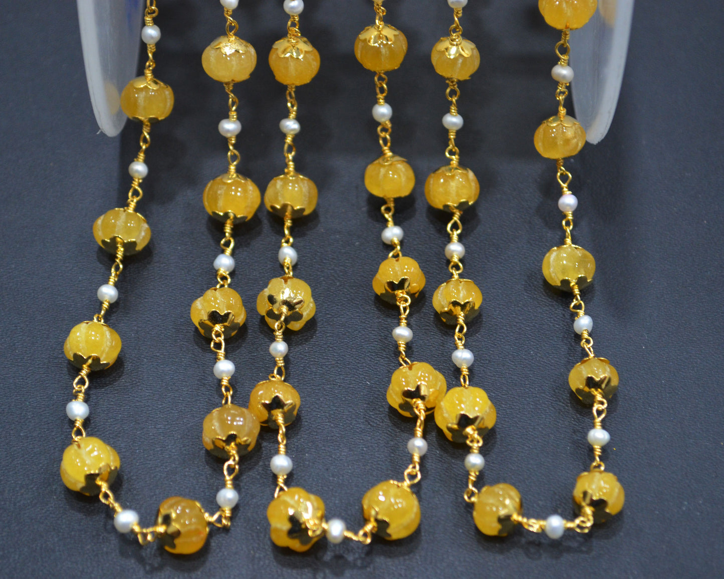 Yellow Sapphire Natural Quartz Carved Melons With Natural Pearl Smooth Rondelle Rosary Beaded Chain , 3 - 9 mm , 6707