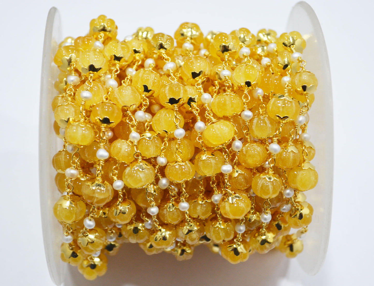 Yellow Sapphire Natural Quartz Carved Melons With Natural Pearl Smooth Rondelle Rosary Beaded Chain , 3 - 9 mm , 6707