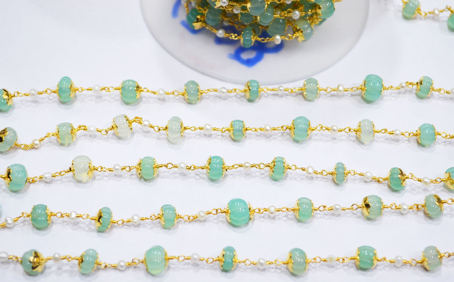 Aqua Chalcedony Carved Melons With Natural Pearl Smooth Rondelle Rosary Beaded Chain , 3 - 9 mm , 6708