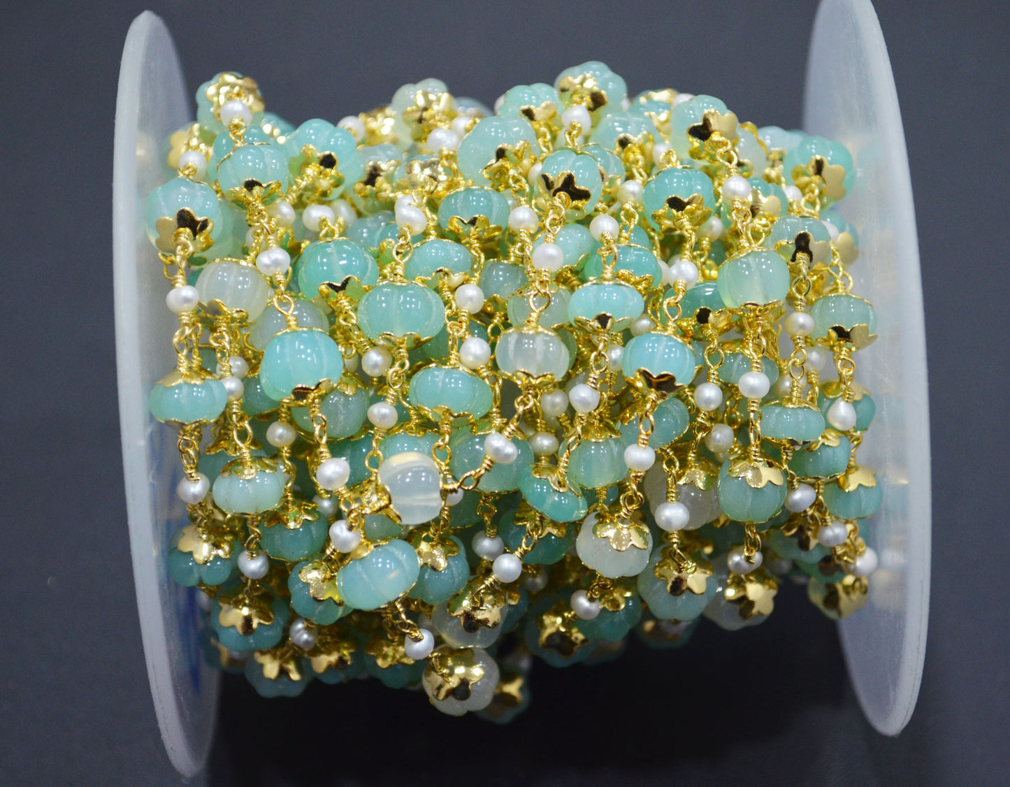 Aqua Chalcedony Carved Melons With Natural Pearl Smooth Rondelle Rosary Beaded Chain , 3 - 9 mm , 6708