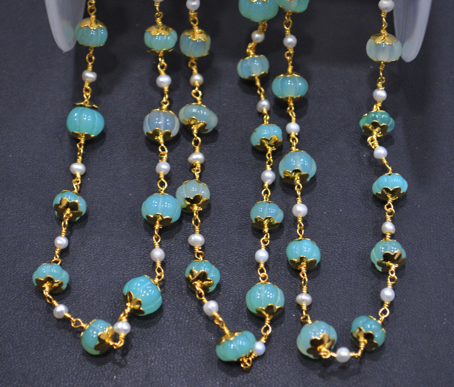 Aqua Chalcedony Carved Melons With Natural Pearl Smooth Rondelle Rosary Beaded Chain , 3 - 9 mm , 6708