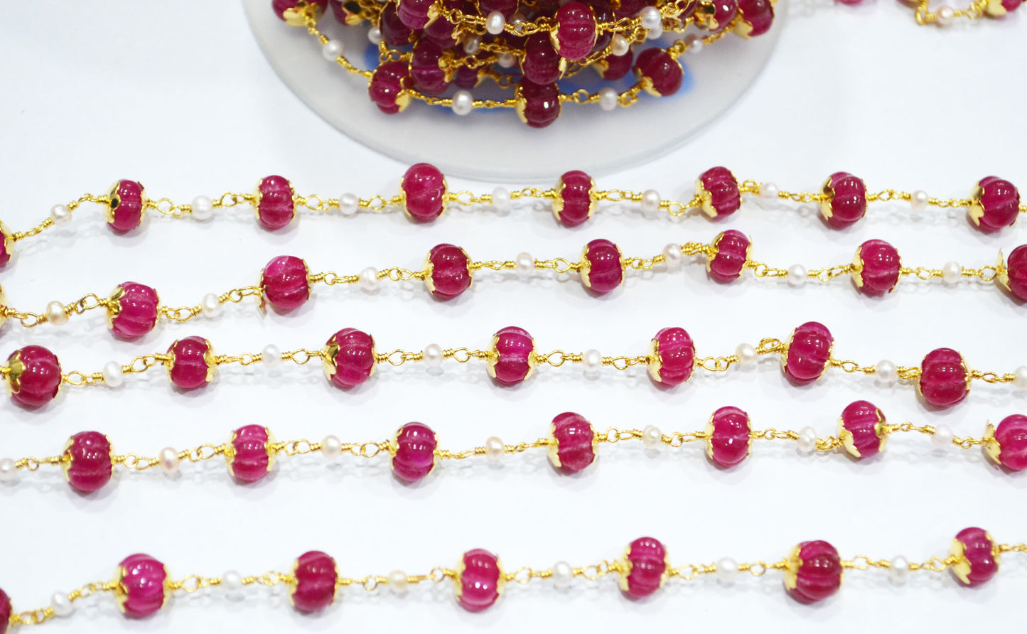 Dyed Ruby Natural Quartz Carved Melons With Natural Pearl Smooth Rondelle Rosary Beaded Chain , 3 - 9 mm , 6709