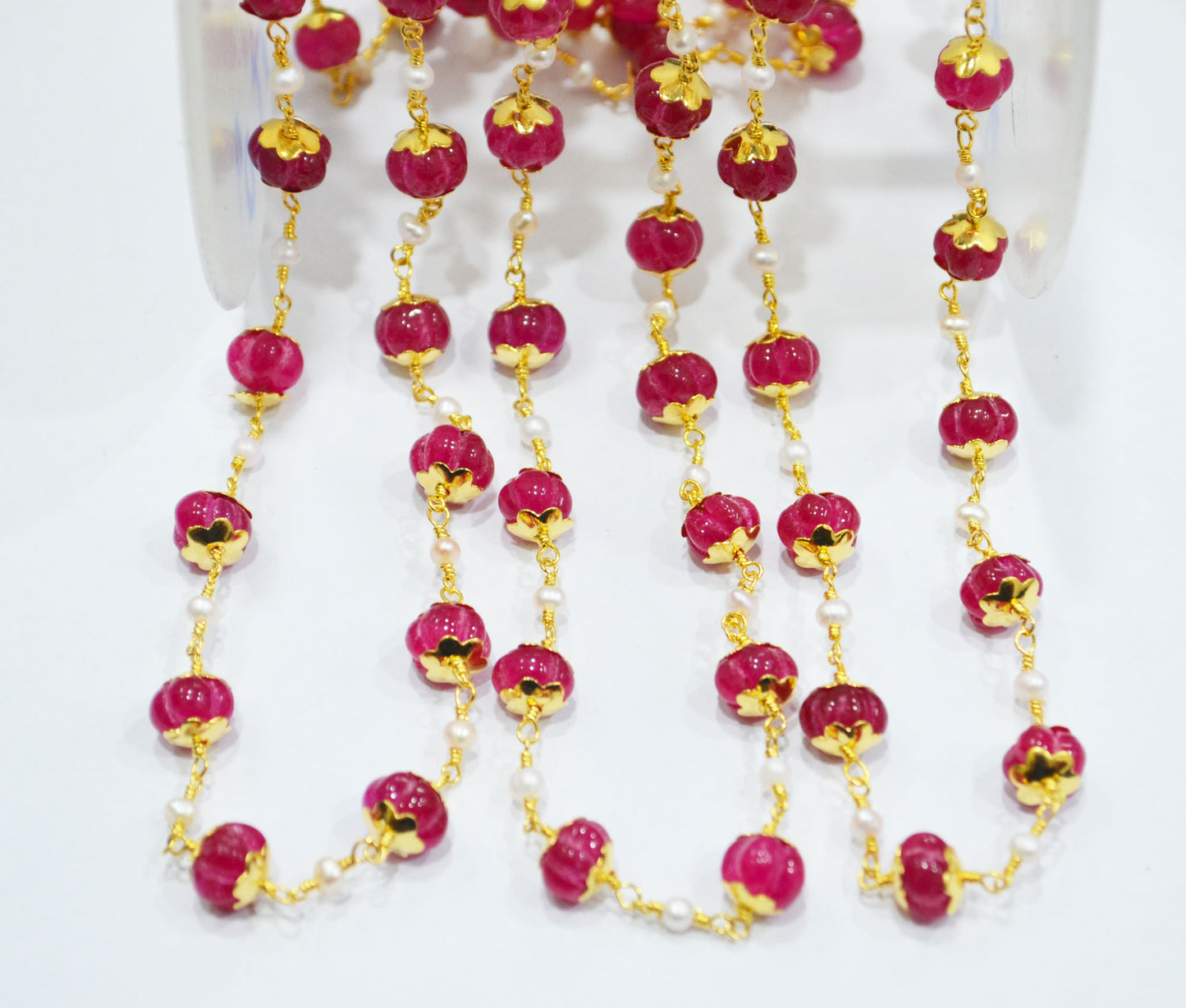 Dyed Ruby Natural Quartz Carved Melons With Natural Pearl Smooth Rondelle Rosary Beaded Chain , 3 - 9 mm , 6709