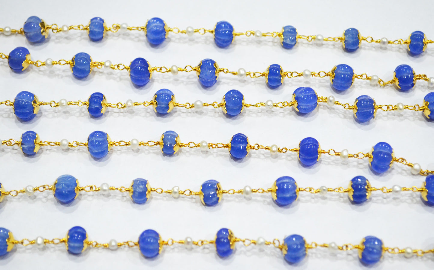 Dyed Tanzanite Natural Quartz Carved Melons With Natural Pearl Smooth Rondelle Rosary Beaded Chain , 3 - 9 mm , 6710