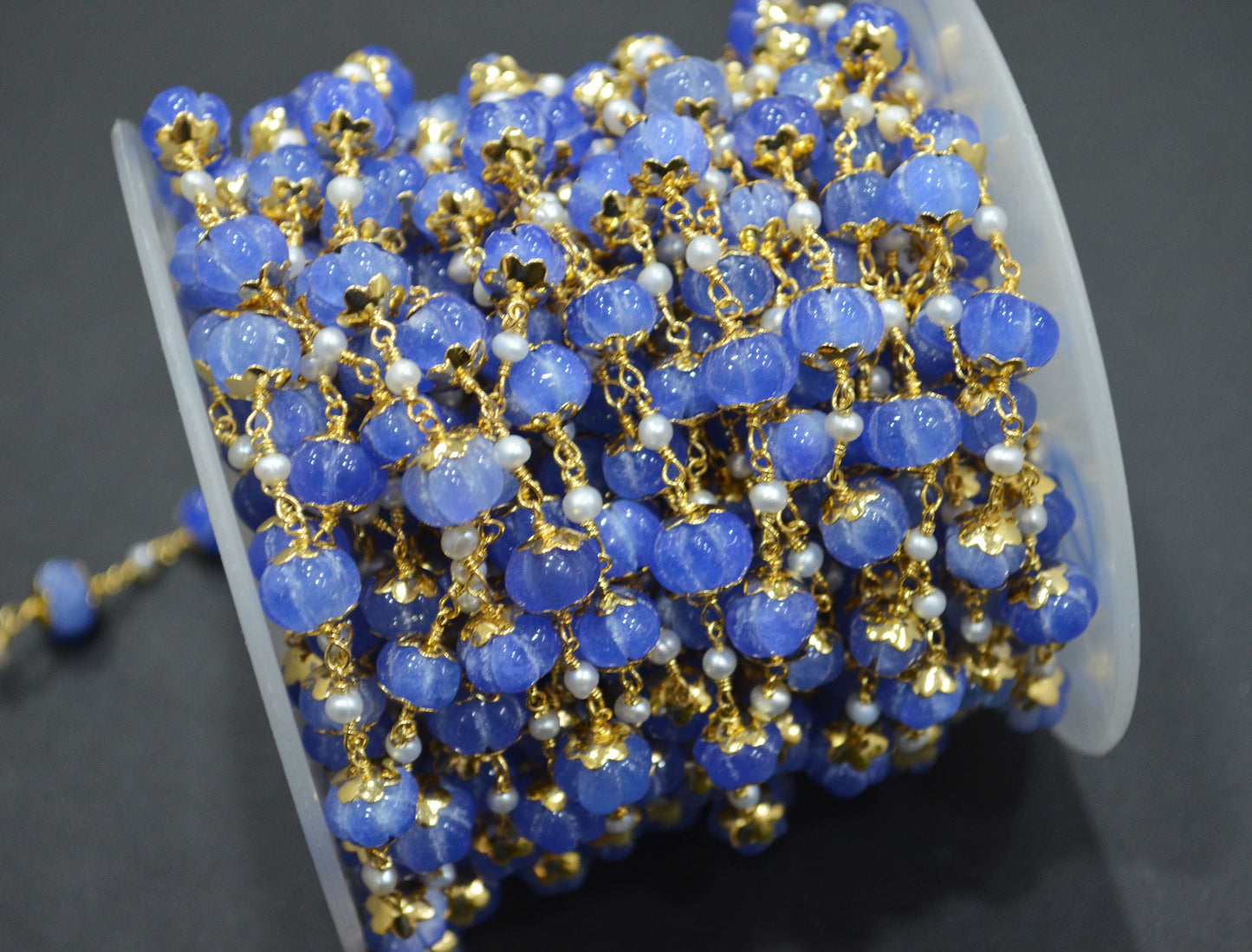 Dyed Tanzanite Natural Quartz Carved Melons With Natural Pearl Smooth Rondelle Rosary Beaded Chain , 3 - 9 mm , 6710