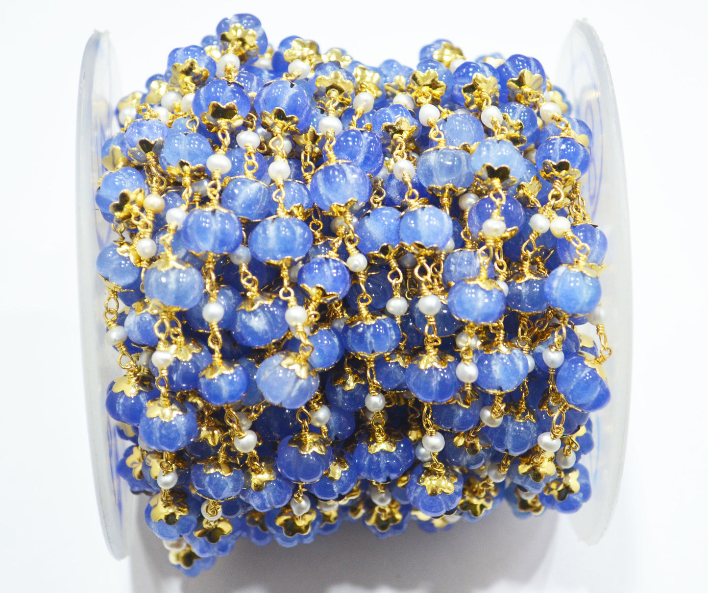Dyed Tanzanite Natural Quartz Carved Melons With Natural Pearl Smooth Rondelle Rosary Beaded Chain , 3 - 9 mm , 6710