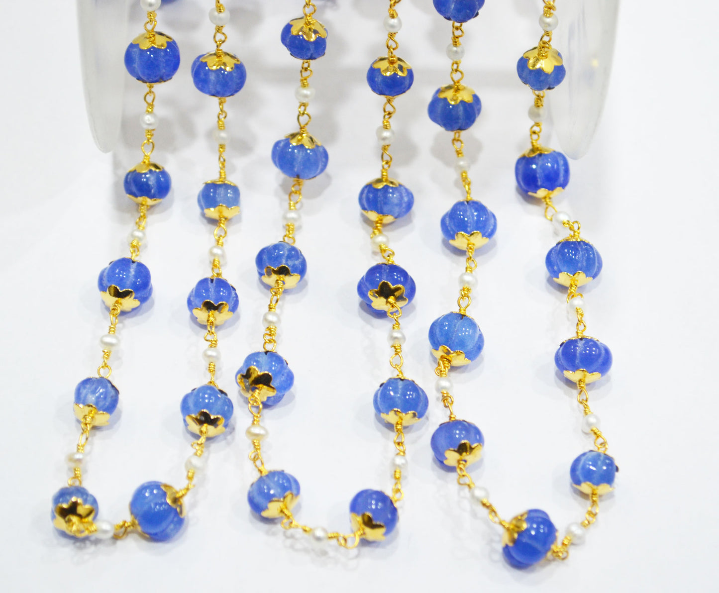 Dyed Tanzanite Natural Quartz Carved Melons With Natural Pearl Smooth Rondelle Rosary Beaded Chain , 3 - 9 mm , 6710
