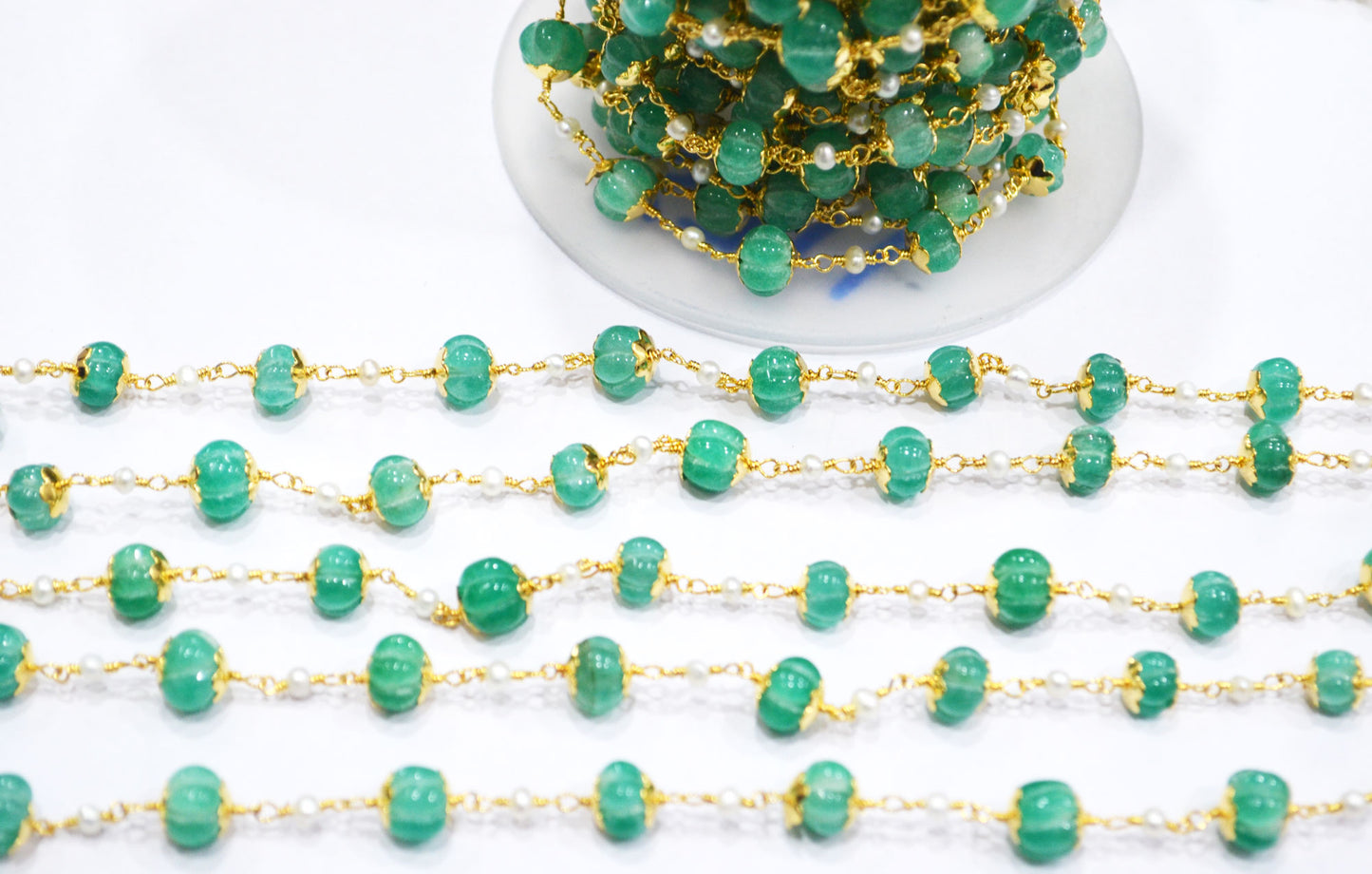 Dyed Emerald Natural Quartz Carved Melons With Natural Pearl Smooth Rondelle Rosary Beaded Chain , 3 - 9 mm , 6711