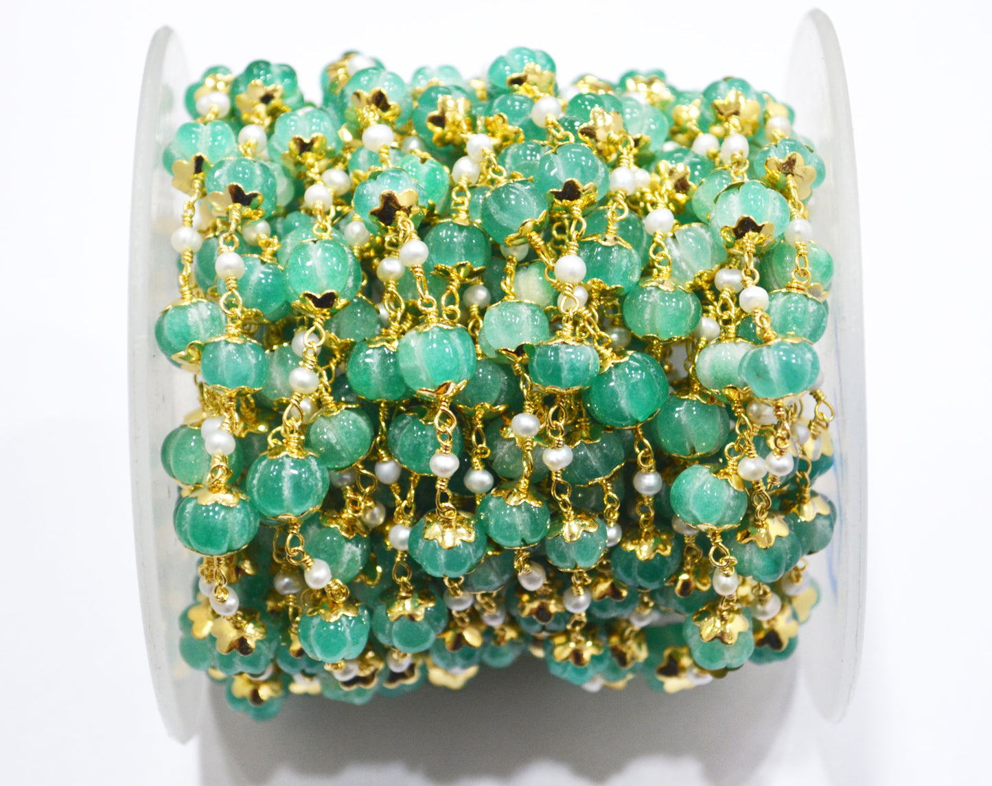 Dyed Emerald Natural Quartz Carved Melons With Natural Pearl Smooth Rondelle Rosary Beaded Chain , 3 - 9 mm , 6711