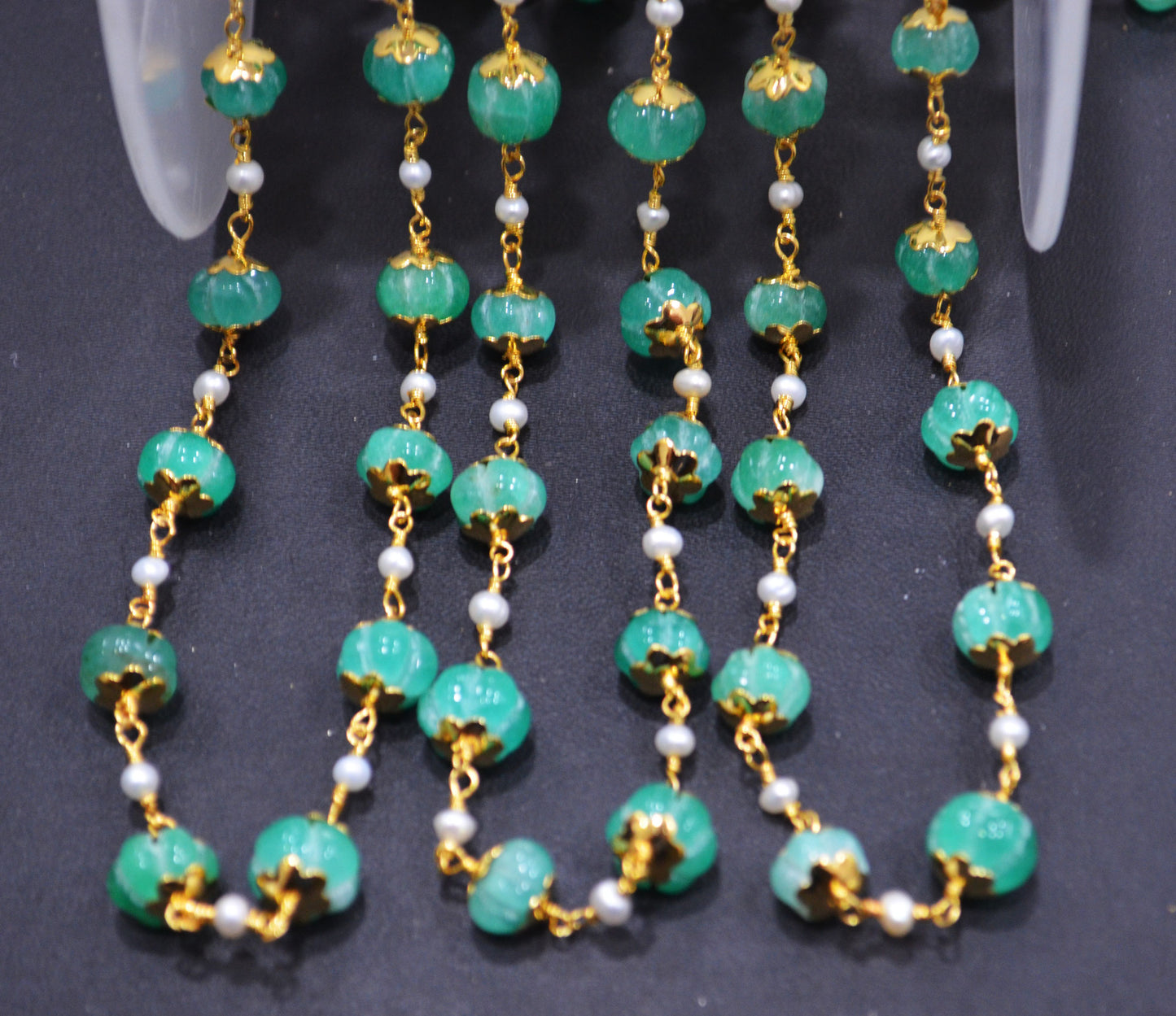 Dyed Emerald Natural Quartz Carved Melons With Natural Pearl Smooth Rondelle Rosary Beaded Chain , 3 - 9 mm , 6711