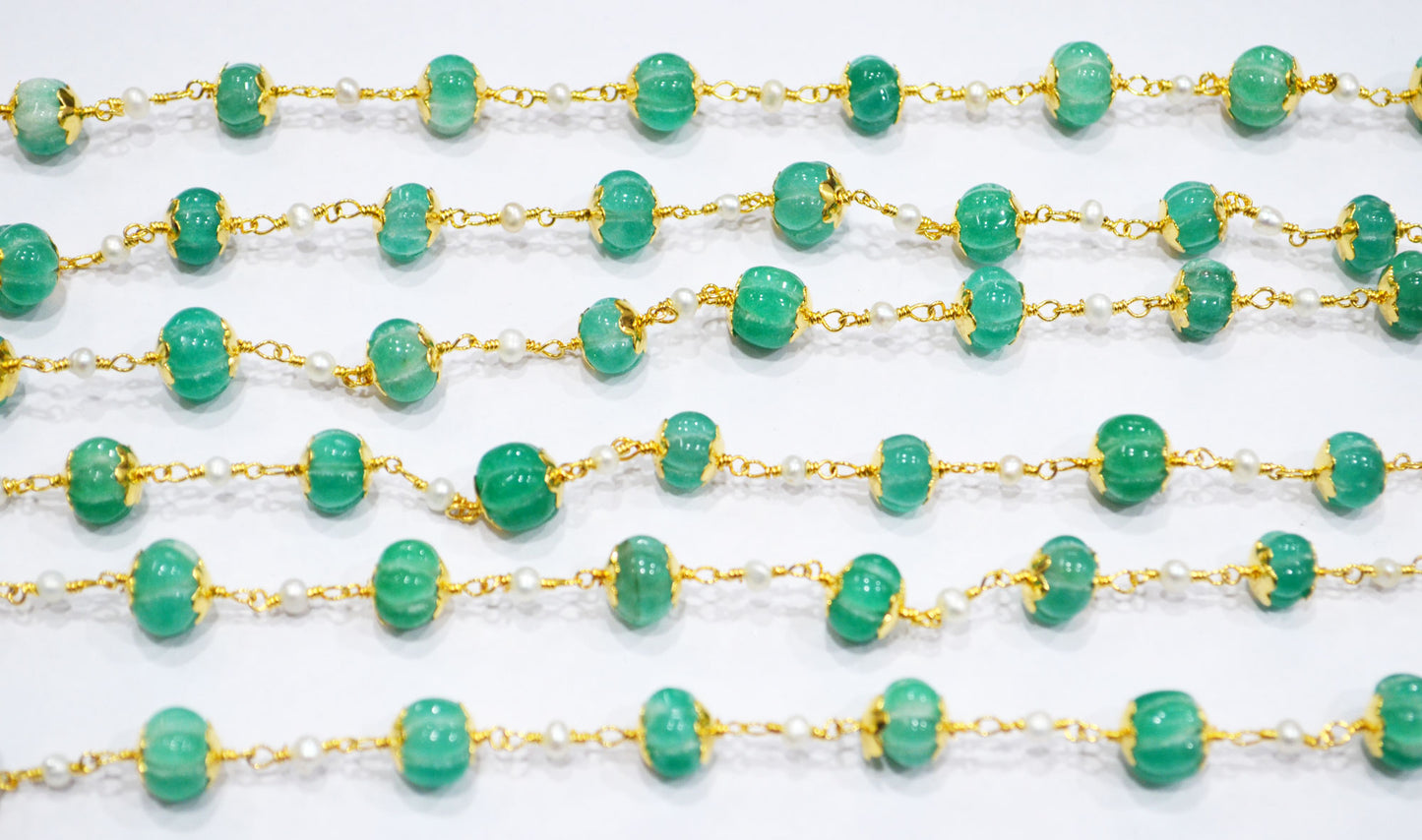 Dyed Emerald Natural Quartz Carved Melons With Natural Pearl Smooth Rondelle Rosary Beaded Chain , 3 - 9 mm , 6711