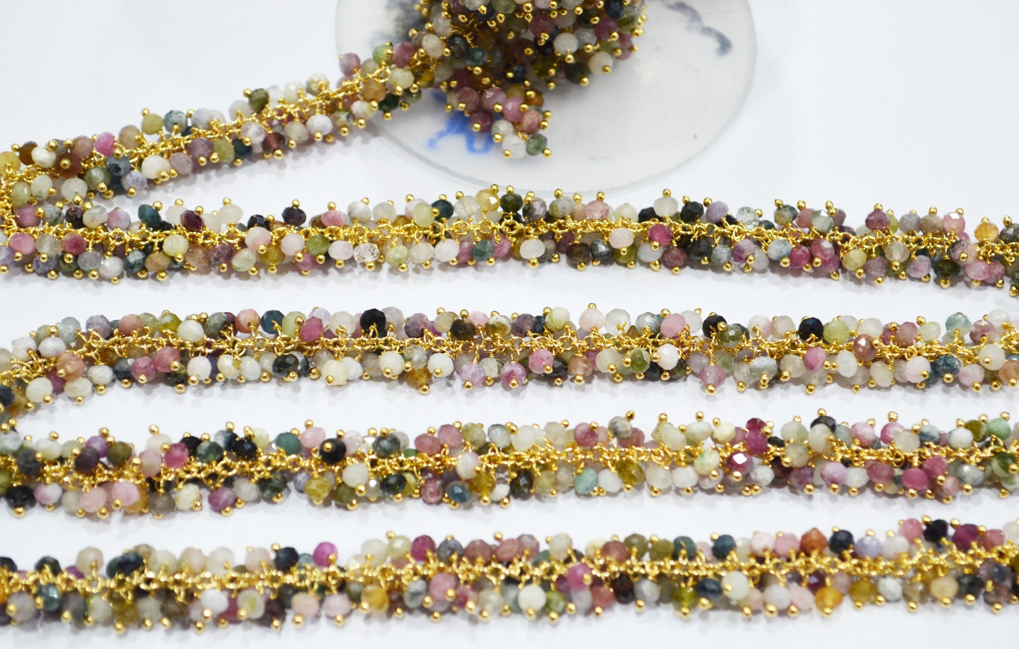 Multi Tourmaline Faceted Rondelle Rosary Beaded Grape Chain , Multi Tourmaline Angoori Cluster Wire Wrapped Chain , 3.50 mm , 6713