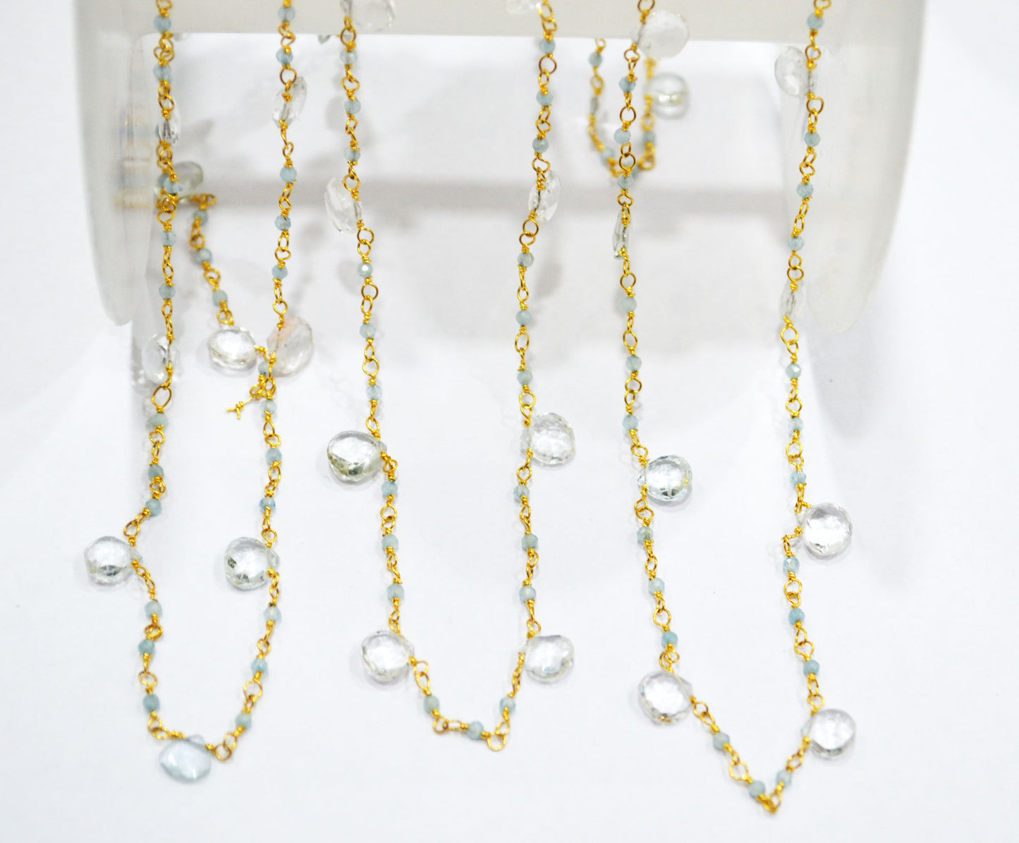 Aquamarine Faceted Round Shape Rosary Beaded Chain , Aquamarine Heart Shape Wire Wrapped Chain , 2 - 5 mm , 6717