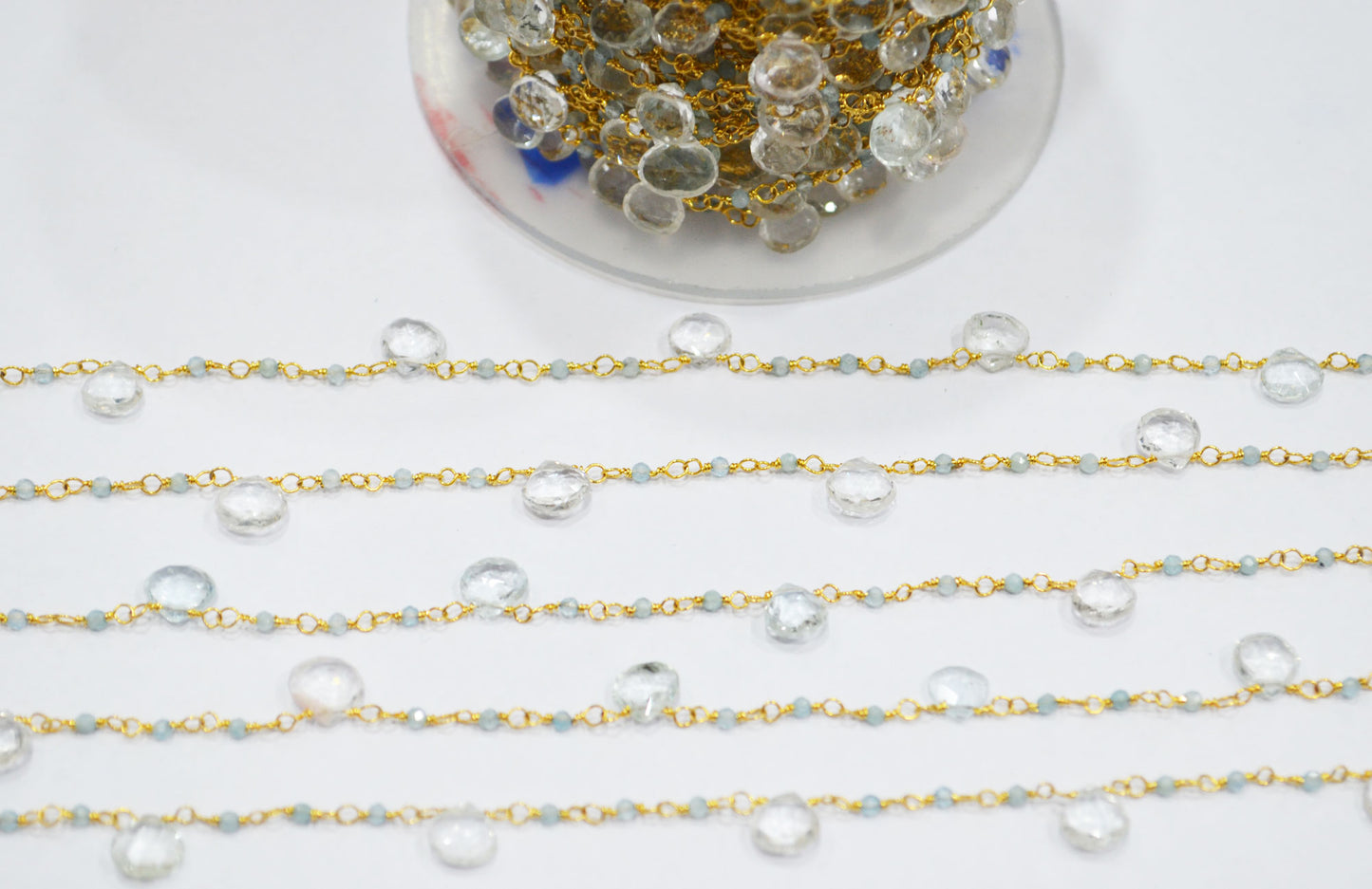Aquamarine Faceted Round Shape Rosary Beaded Chain , Aquamarine Heart Shape Wire Wrapped Chain , 2 - 5 mm , 6717