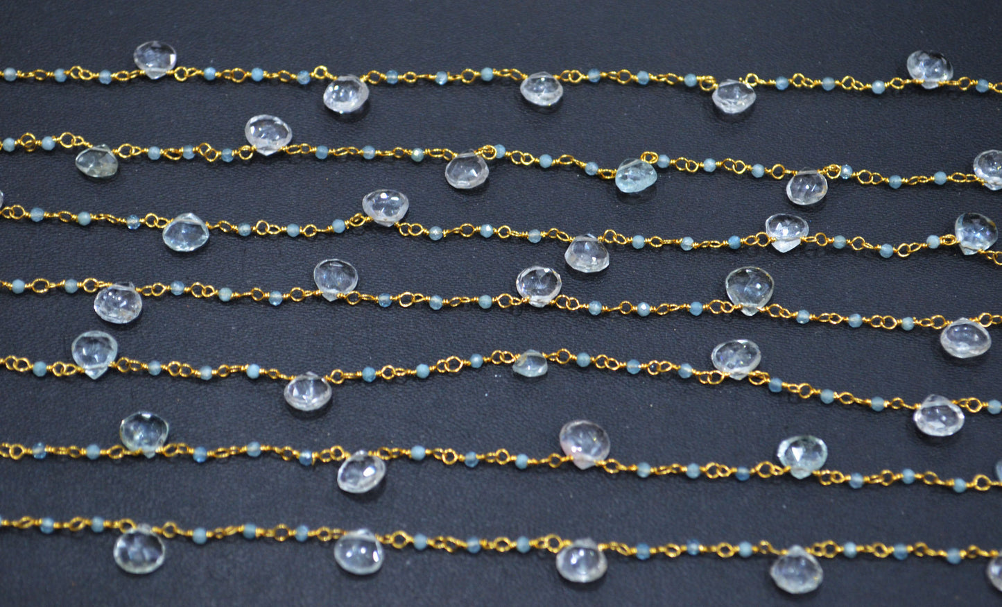 Aquamarine Faceted Round Shape Rosary Beaded Chain , Aquamarine Heart Shape Wire Wrapped Chain , 2 - 5 mm , 6717