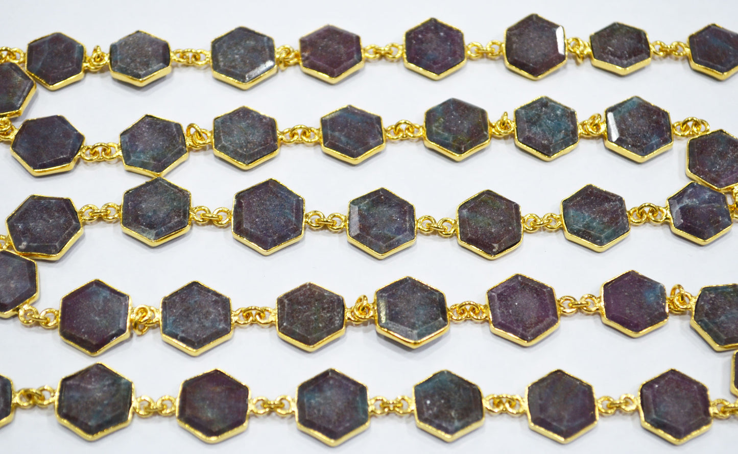 Ruby Kyanite Crown Cut Hexagon Shape Connector Chain , 13 mm , RB-6718