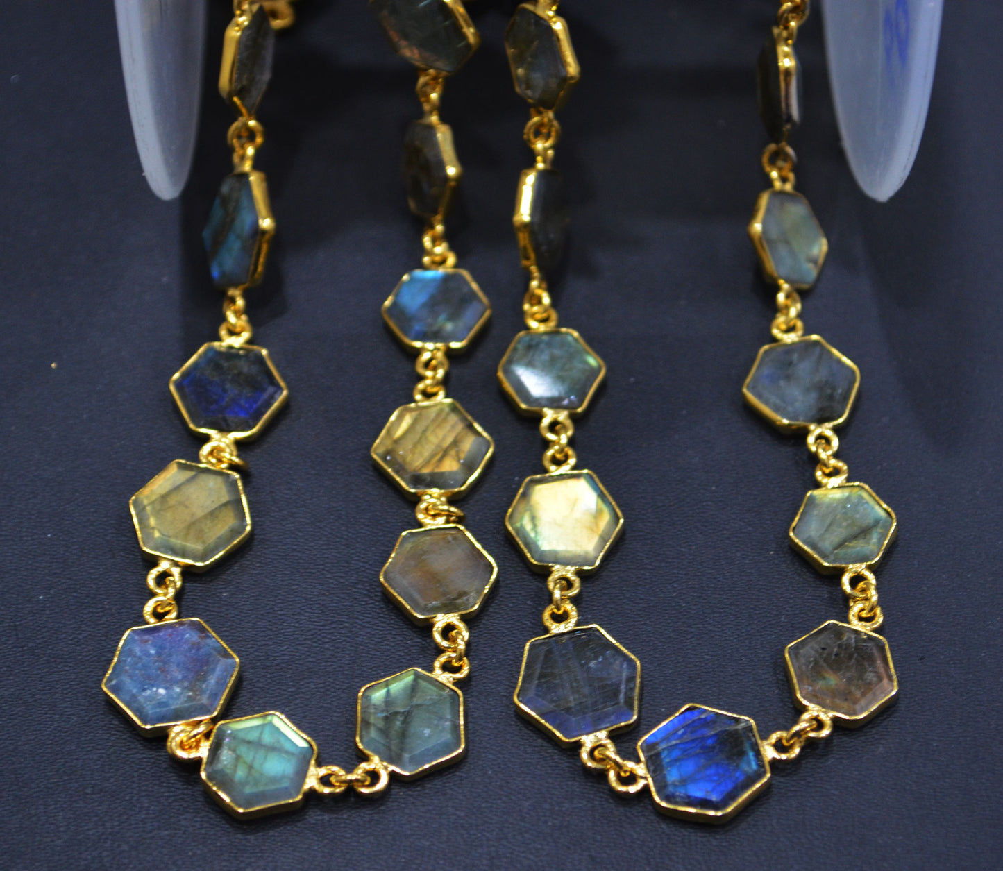 Labradorite Crown Cut Hexagon Shape Connector Chain , 10 - 14 mm , RB-6720