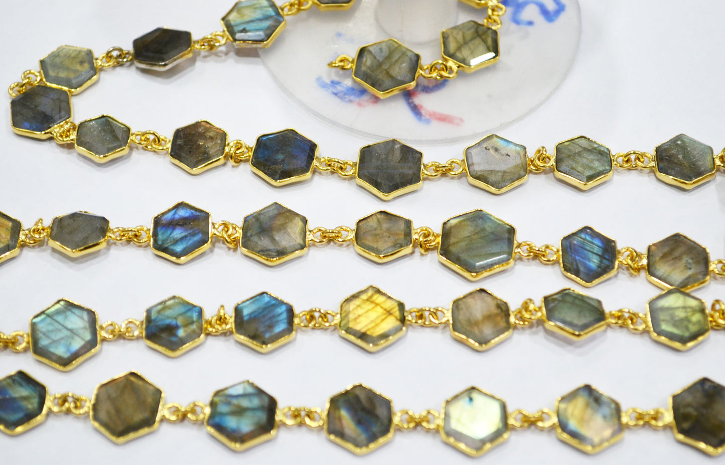 Labradorite Crown Cut Hexagon Shape Connector Chain , 10 - 14 mm , RB-6720