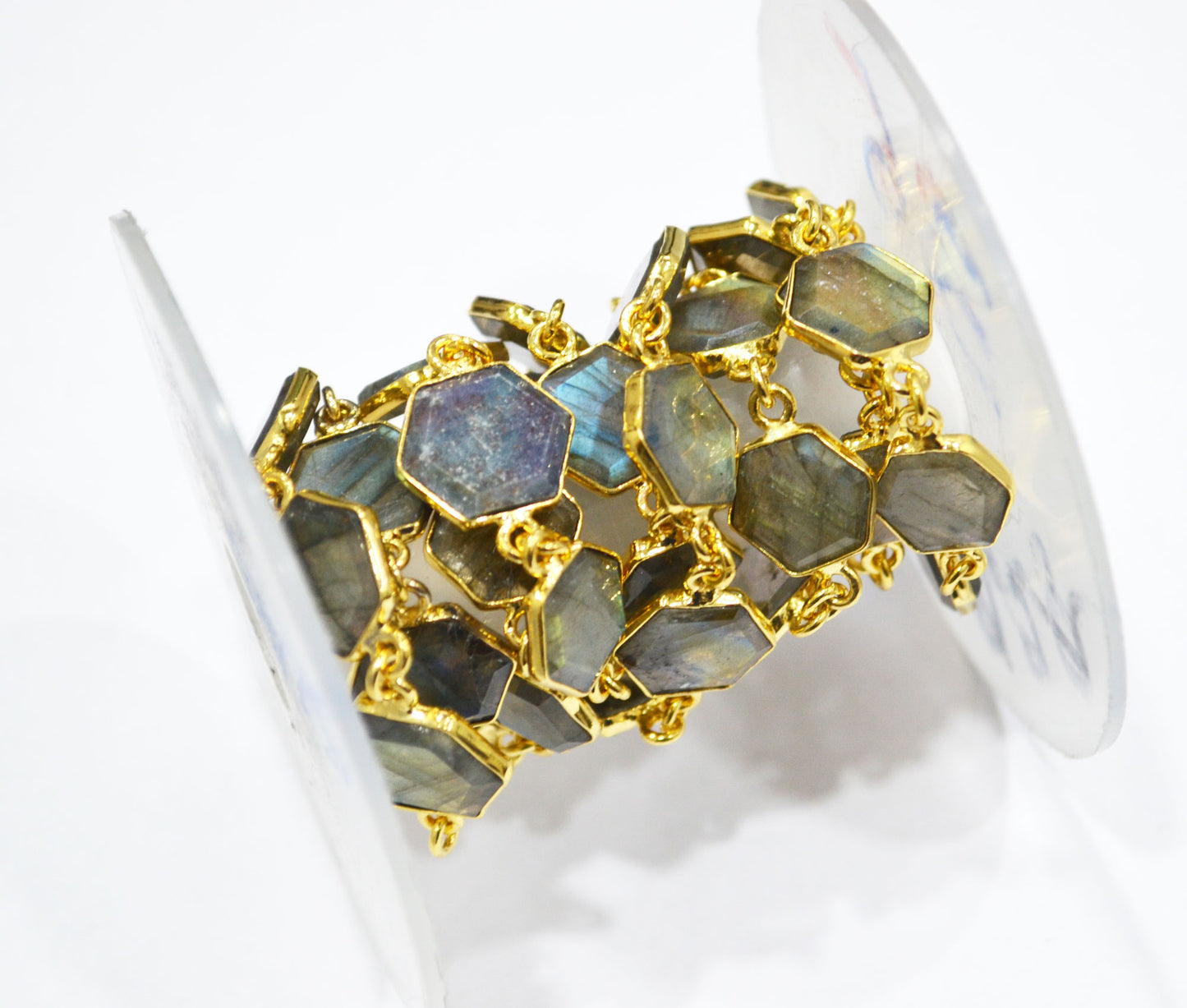 Labradorite Crown Cut Hexagon Shape Connector Chain , 10 - 14 mm , RB-6720