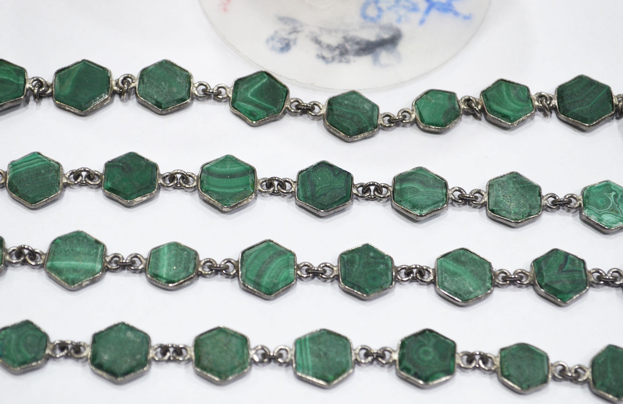 Malachite Crown Cut Hexagon Shape Connector Chain , 10 - 14 mm , RB-6721