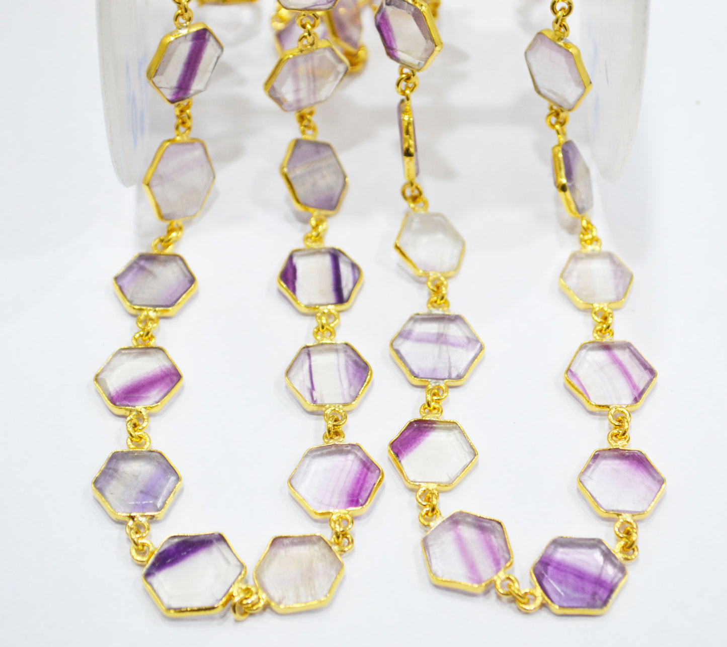 Fluorite Crown Cut Hexagon Shape Connector Chain , 13 - 15 mm , RB-6723