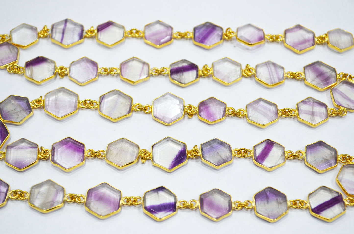 Fluorite Crown Cut Hexagon Shape Connector Chain , 13 - 15 mm , RB-6723