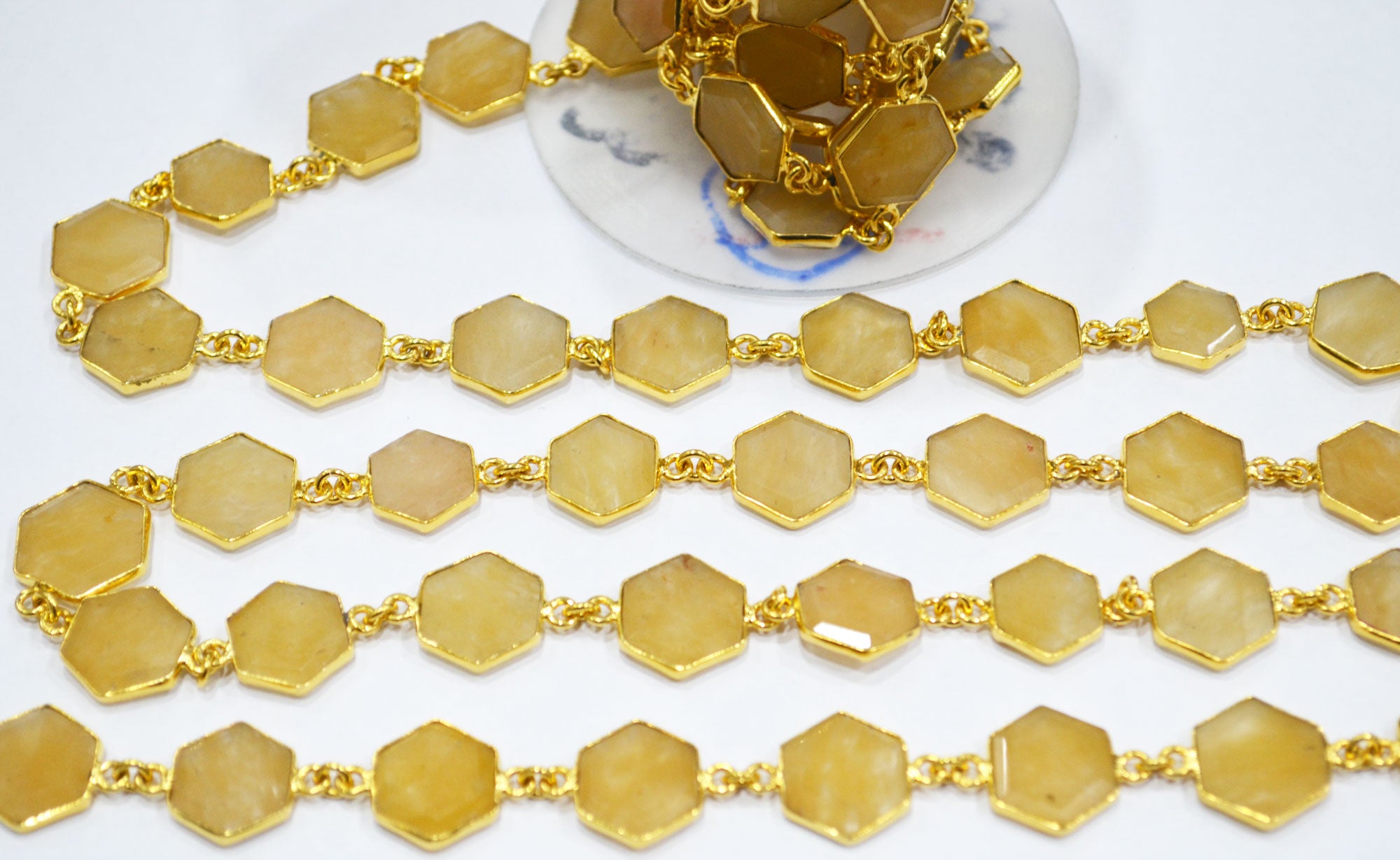 Yellow Aventurine Crown Cut Hexagon Shape Connector Chain , 10 - 14 mm , RB-6725