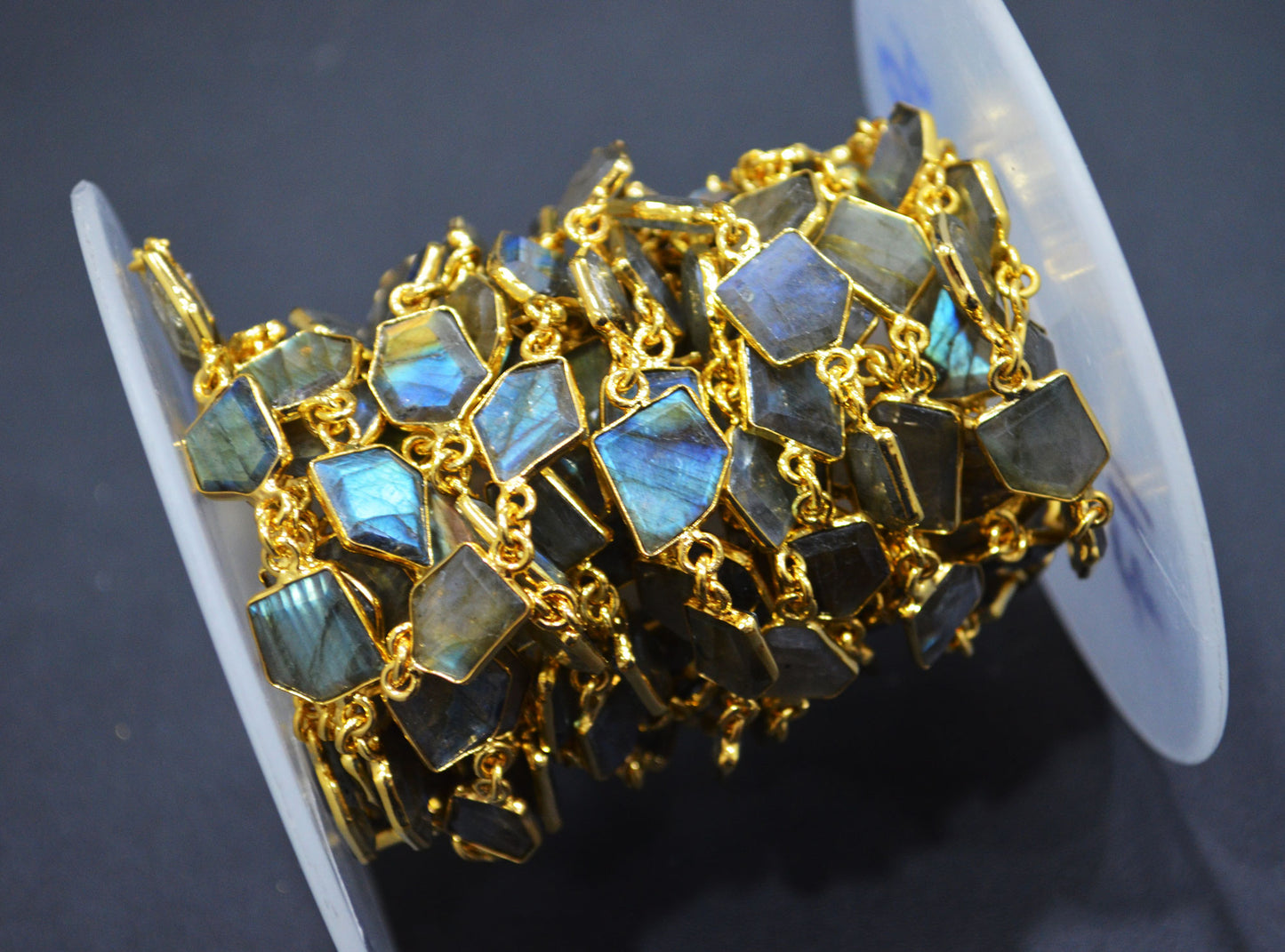 Labradorite Crown Cut Tablets Shape Connector Chain , 10 - 13 mm , RB-6727
